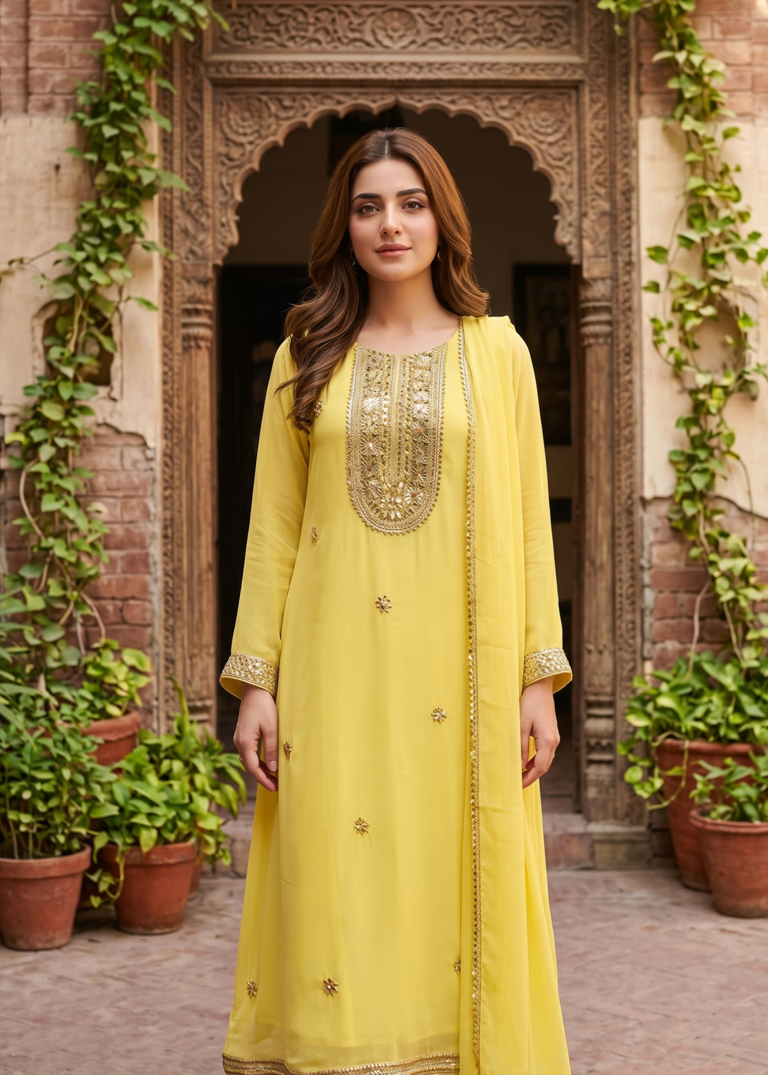 chiffon Anarkali in Lemon