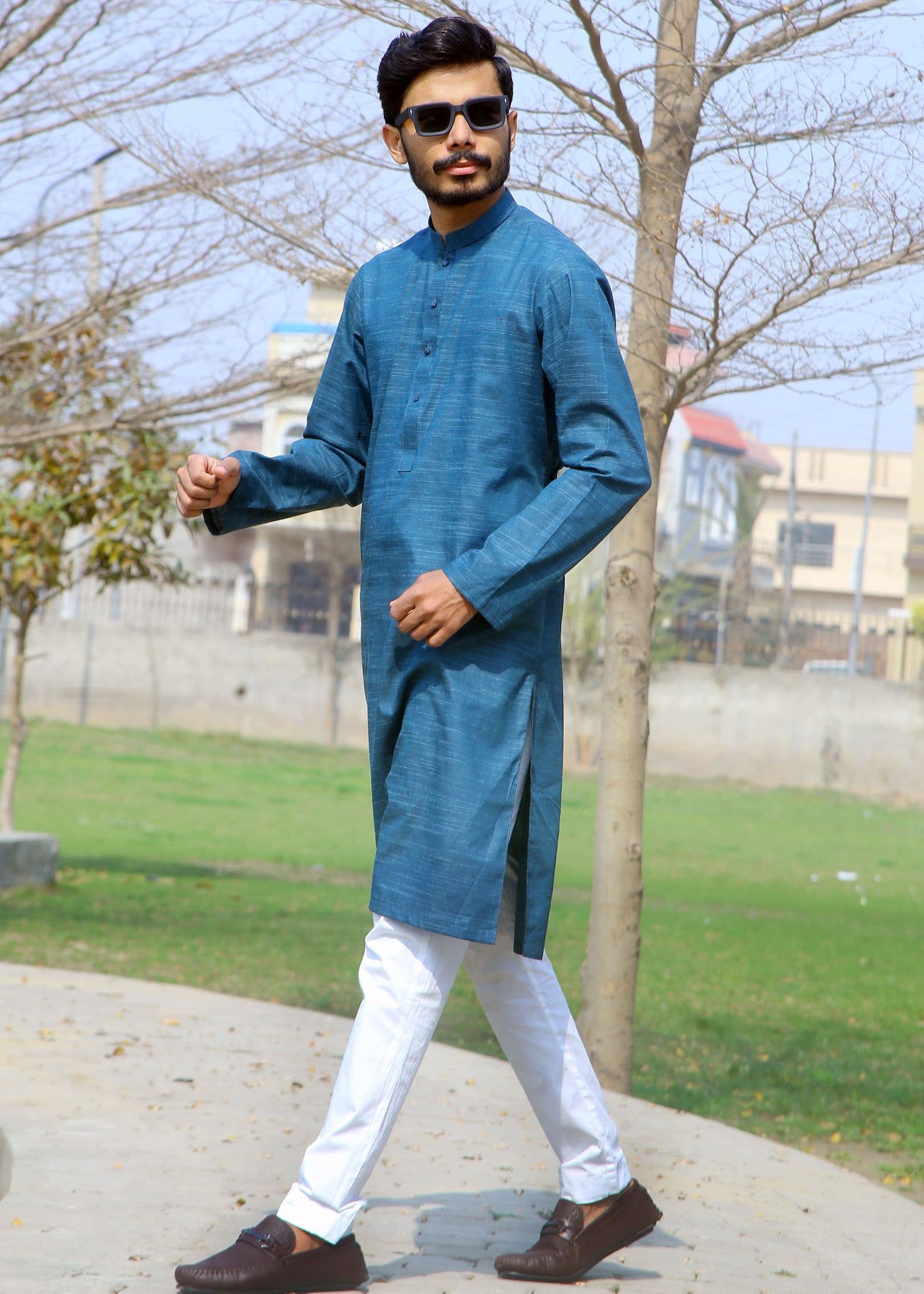 cotton jacquard Kurta in Ocean blue