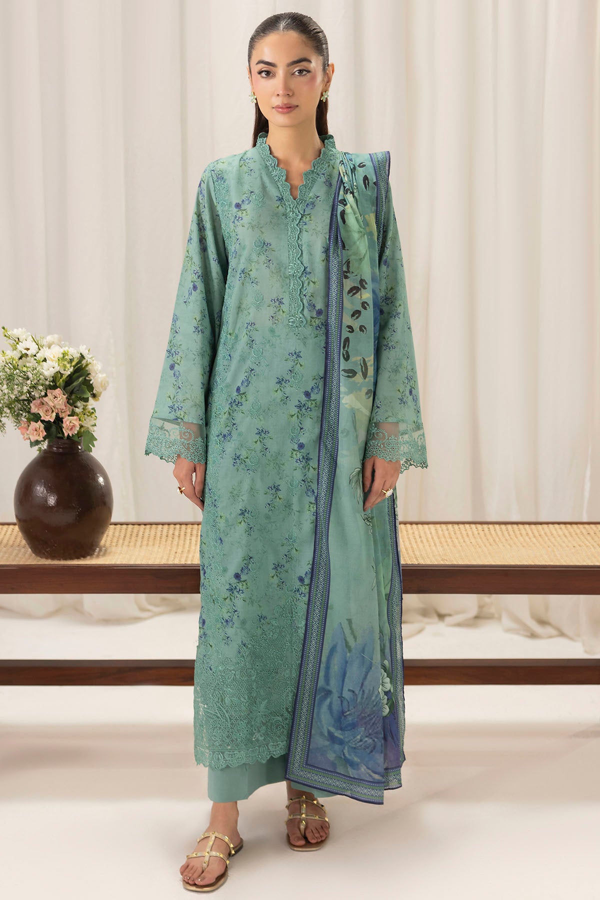 lawn Kurta Set in Steel teal