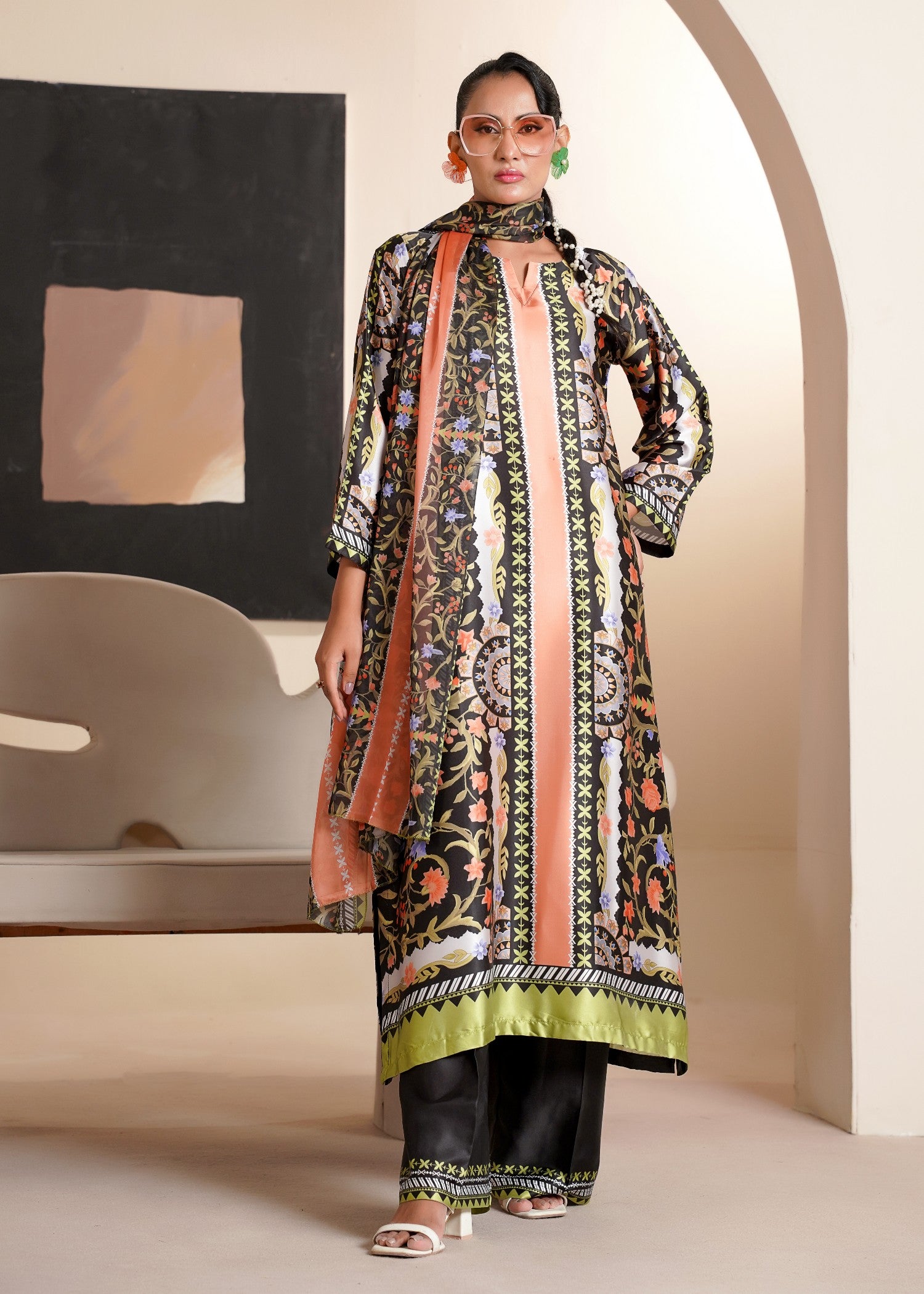 silk Kurta Set in Black, peach orange