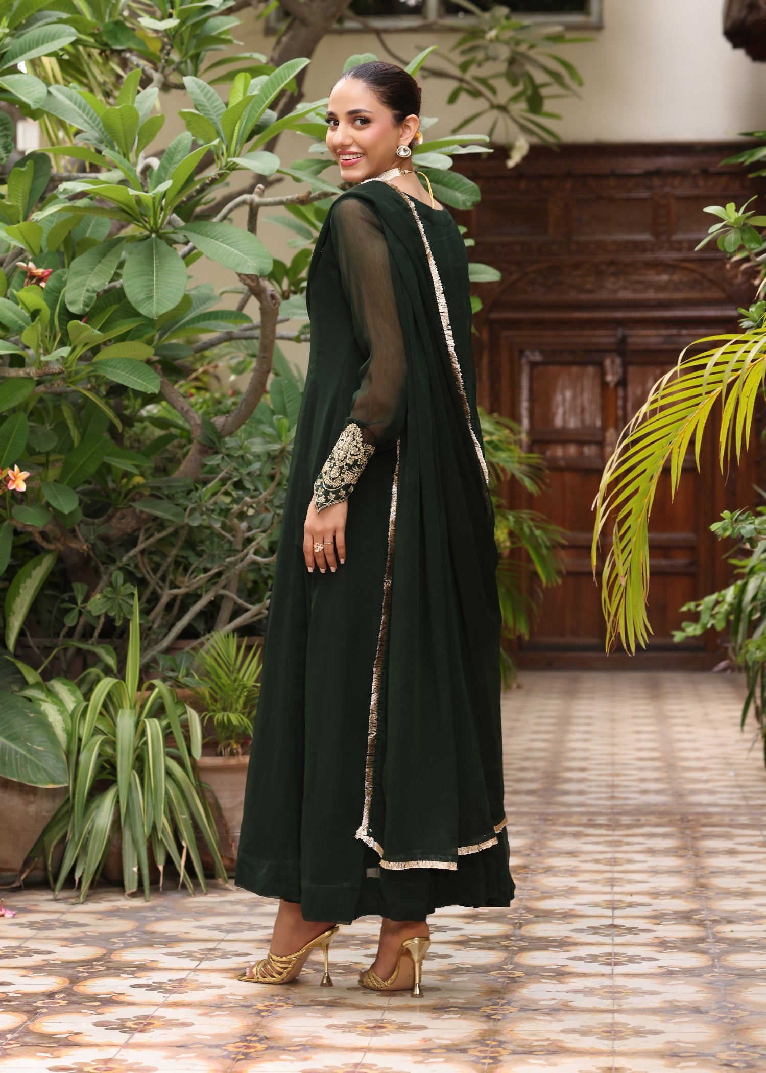 chiffon Pishwas in Dark green