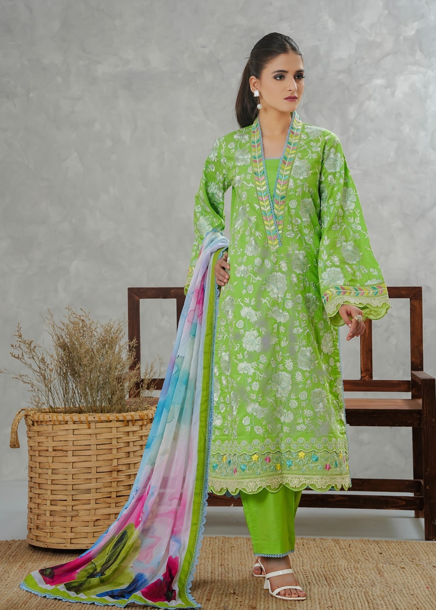 cotton Kurta Set in Bright green