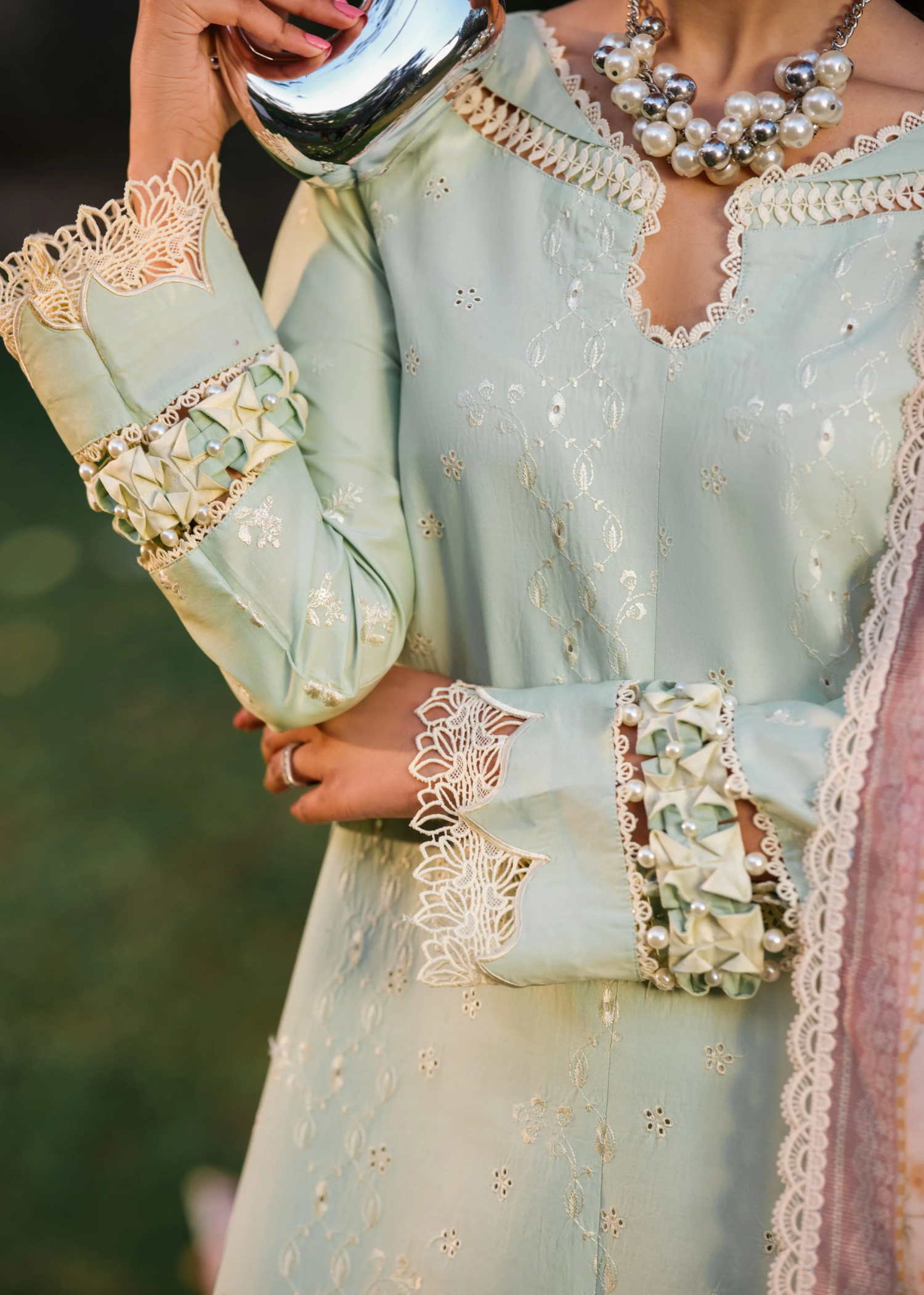 lawn Kurta Set in Moss green