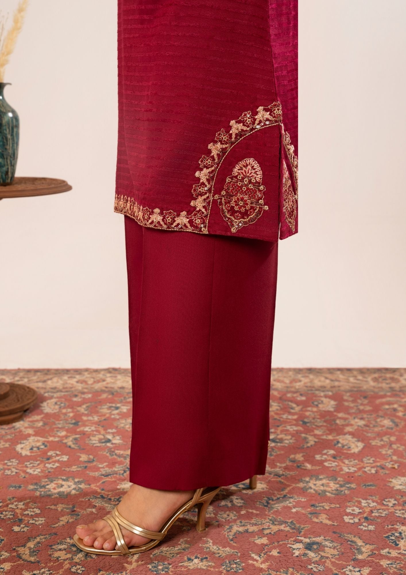 velvet jacquard Kurta Set in Maroon