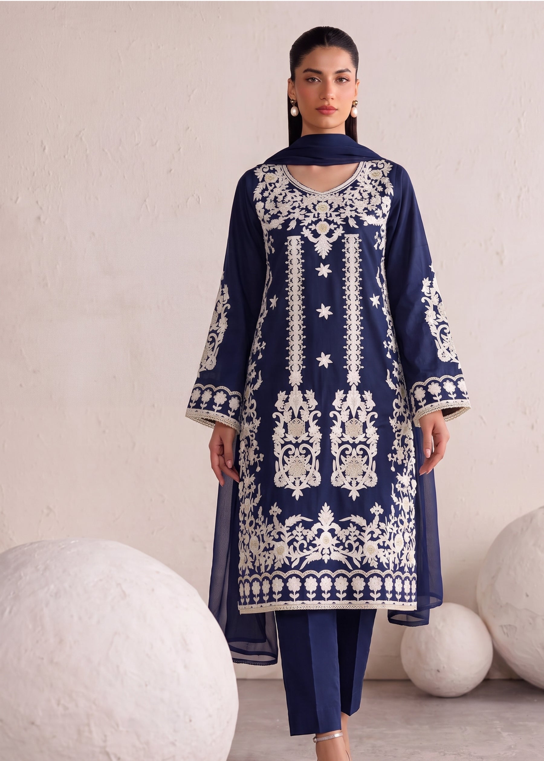 linen Kurta Set in Navy blue