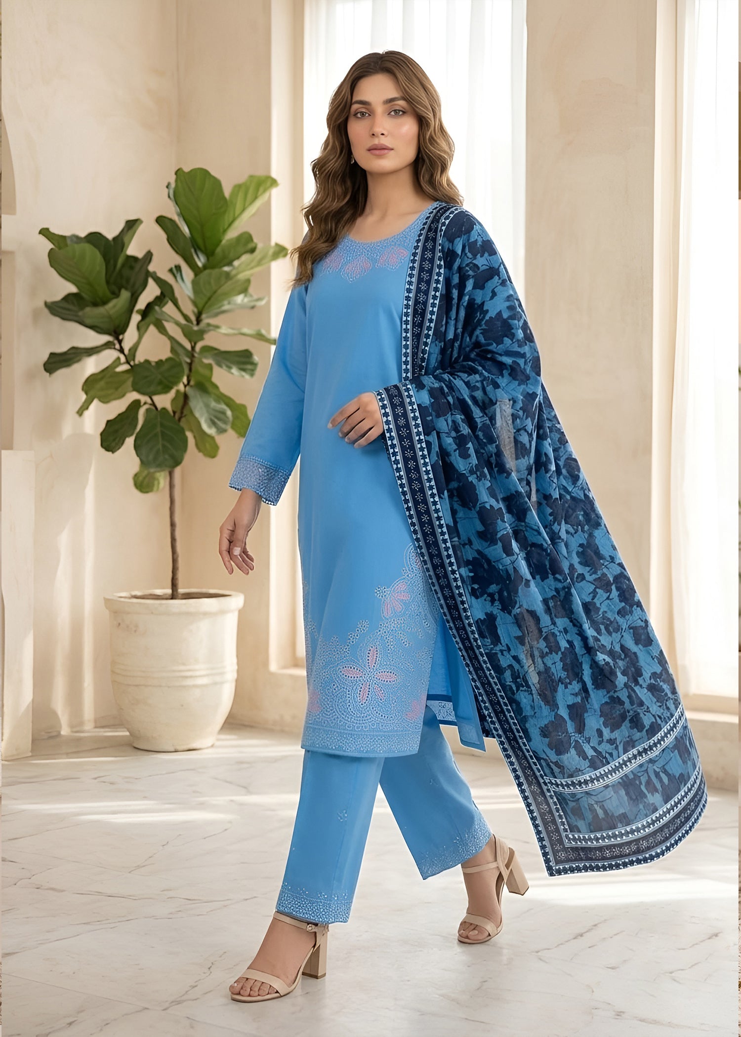 lawn Kurta Set in Steel blue