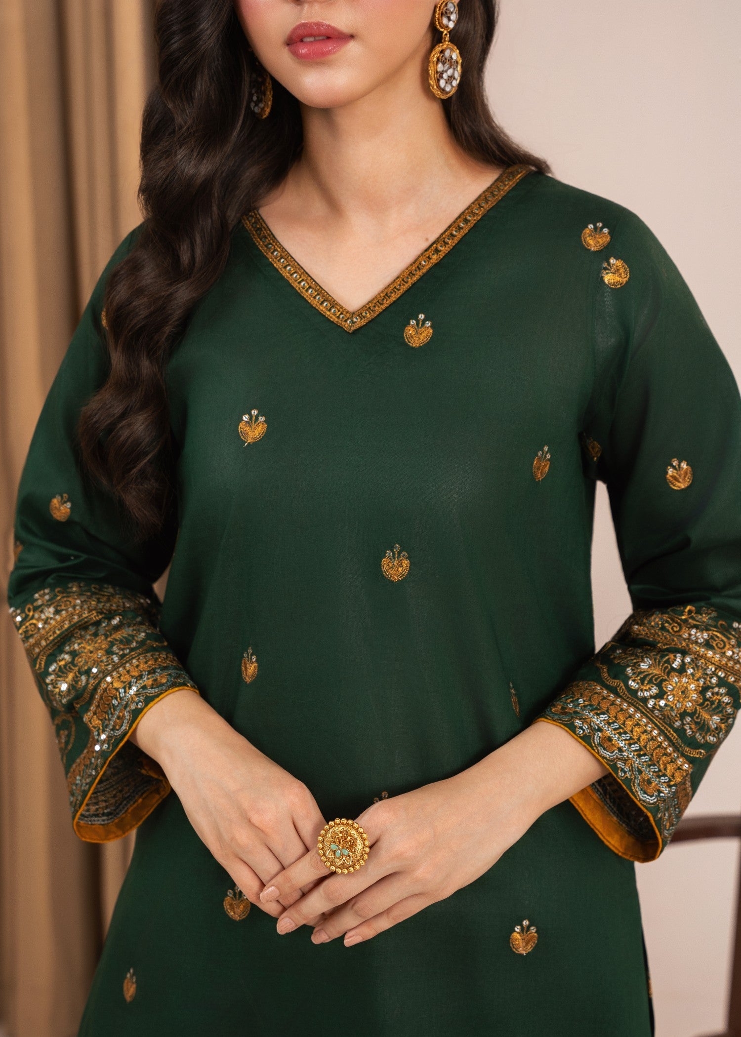 lawn Kurta Set in Gold, dark green