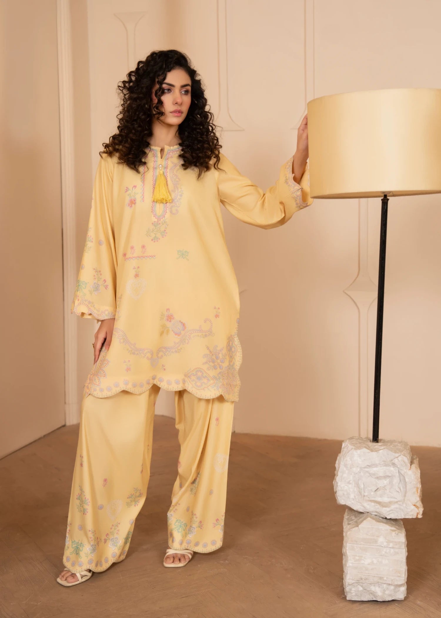 poly lawn Kurta Set in Yellow
