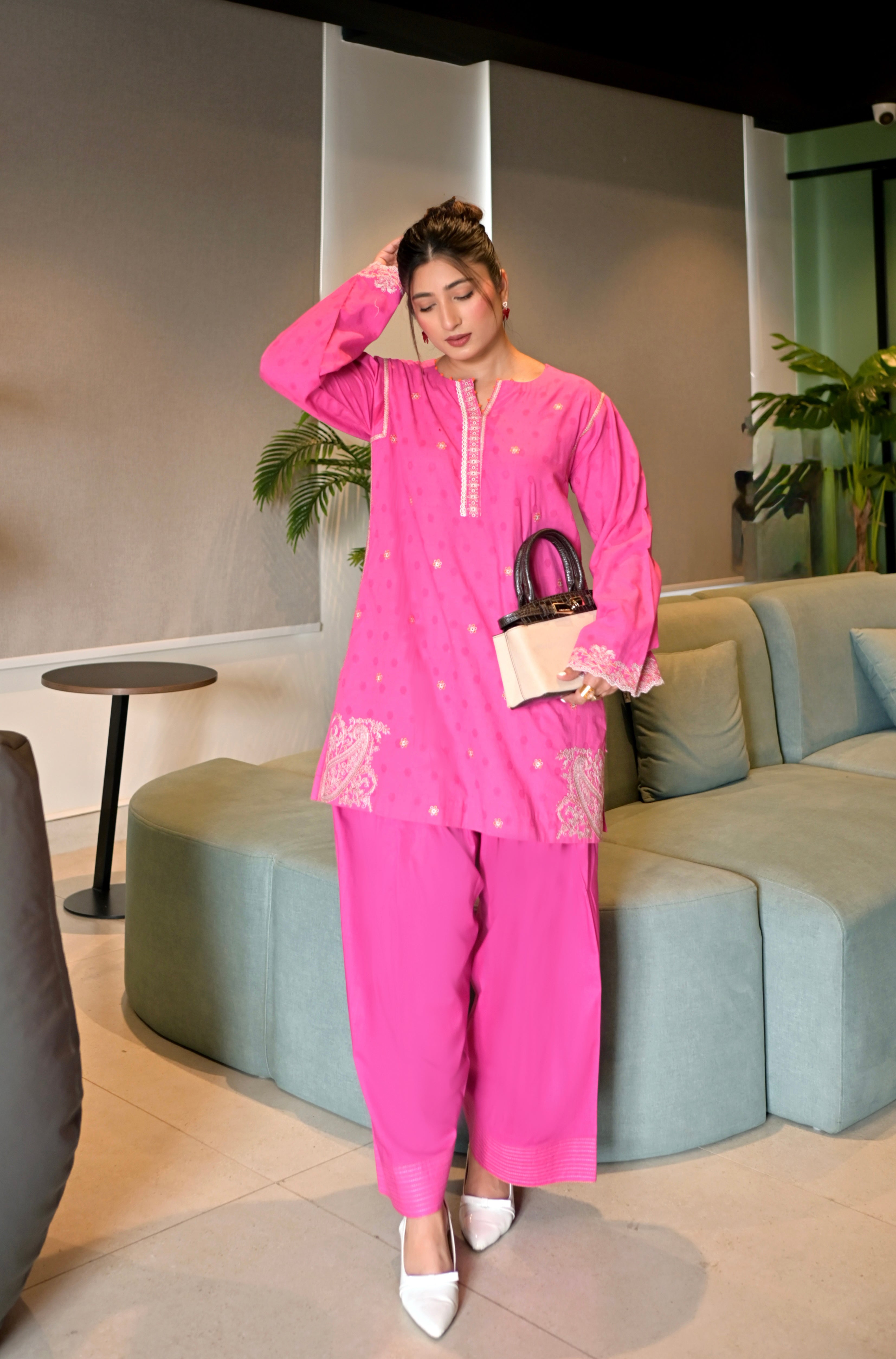 jacquard Kurti in Hot pink