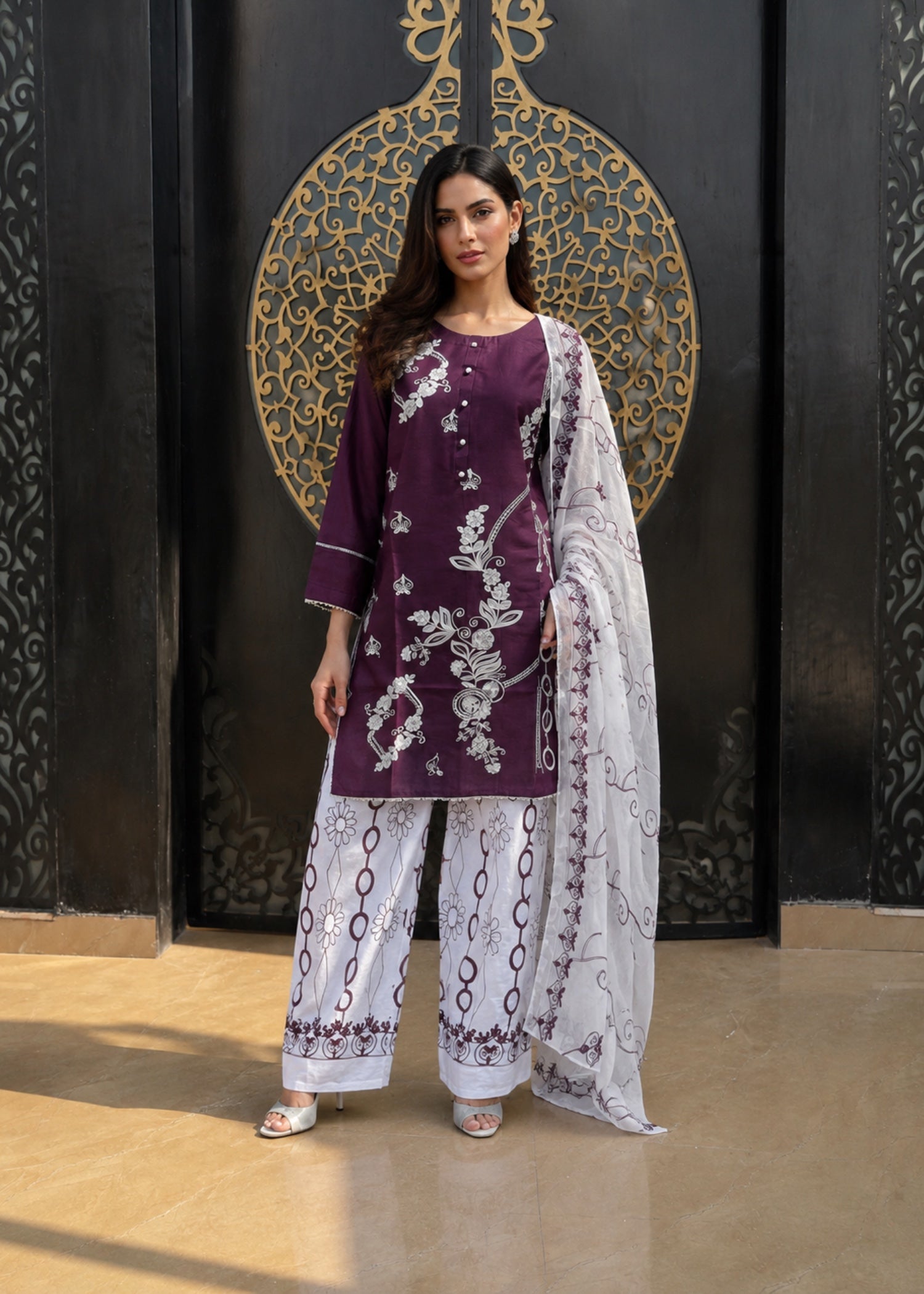 cotton Kurta Set in Purple, plum