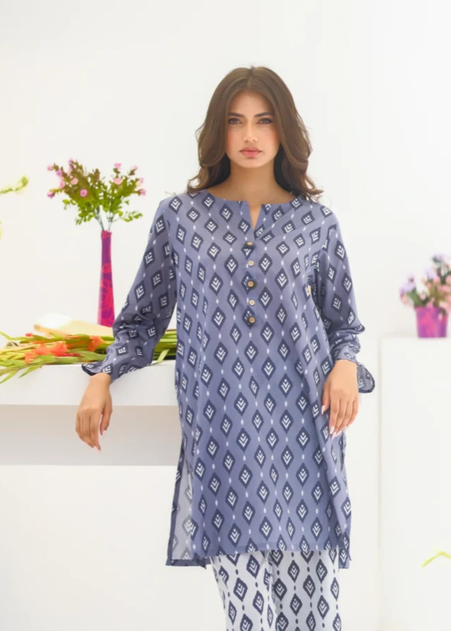 lawn Kurta Set in Steel teal