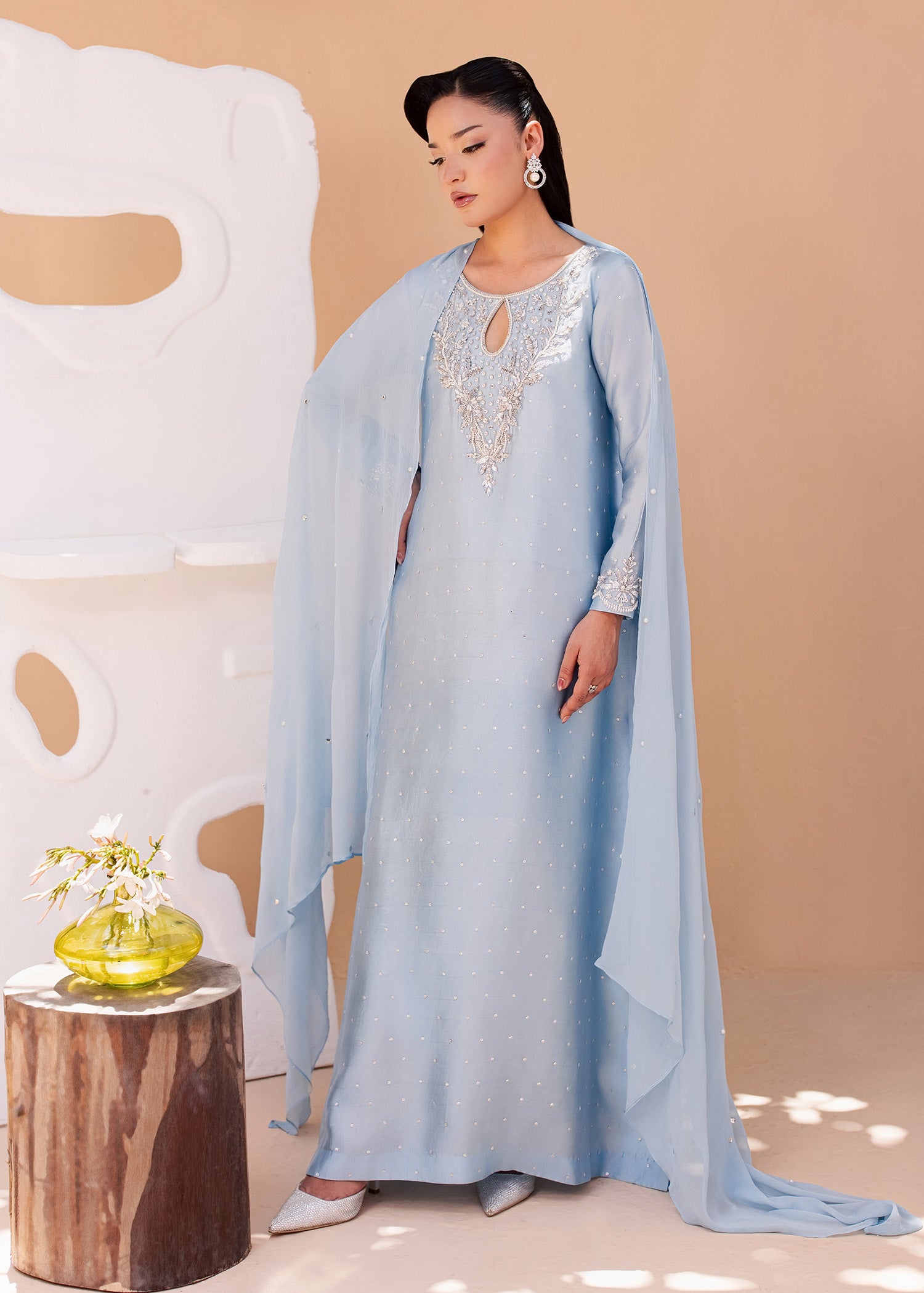 tussar silk Kaftan in Cloud blue