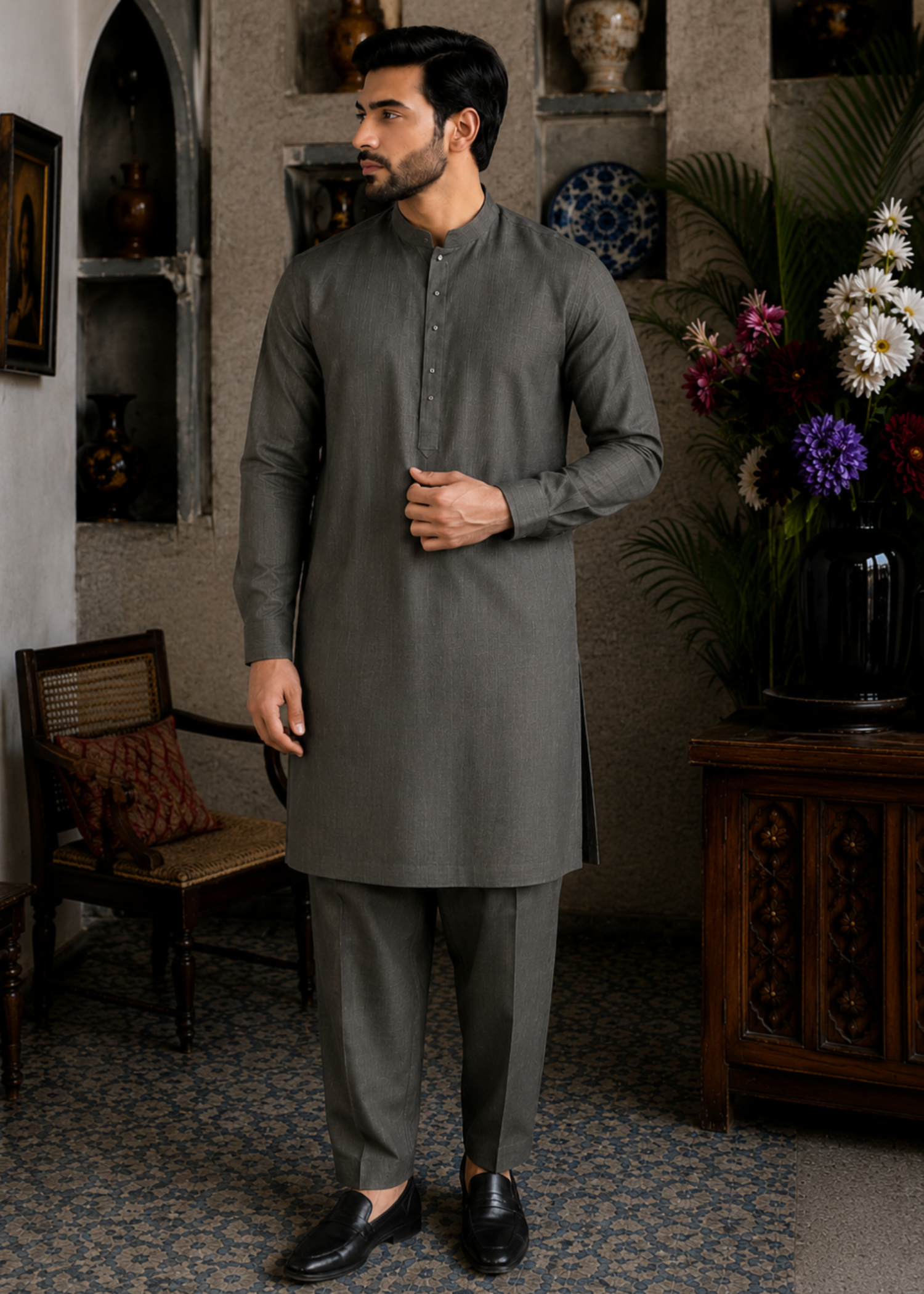 textured wash & wear Kurta Set in Charcoal