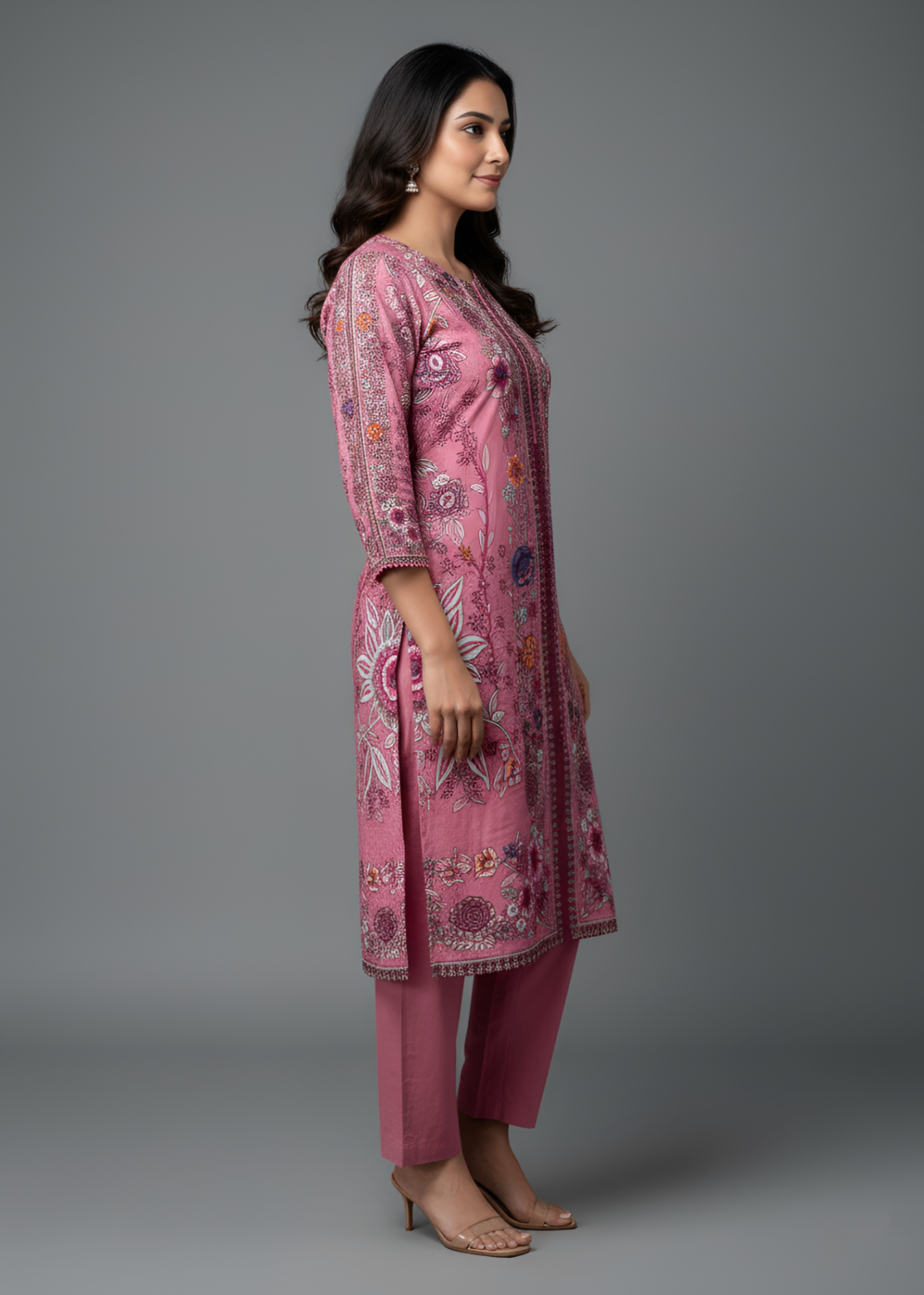 cambric Kurta Set in Tea rose pink