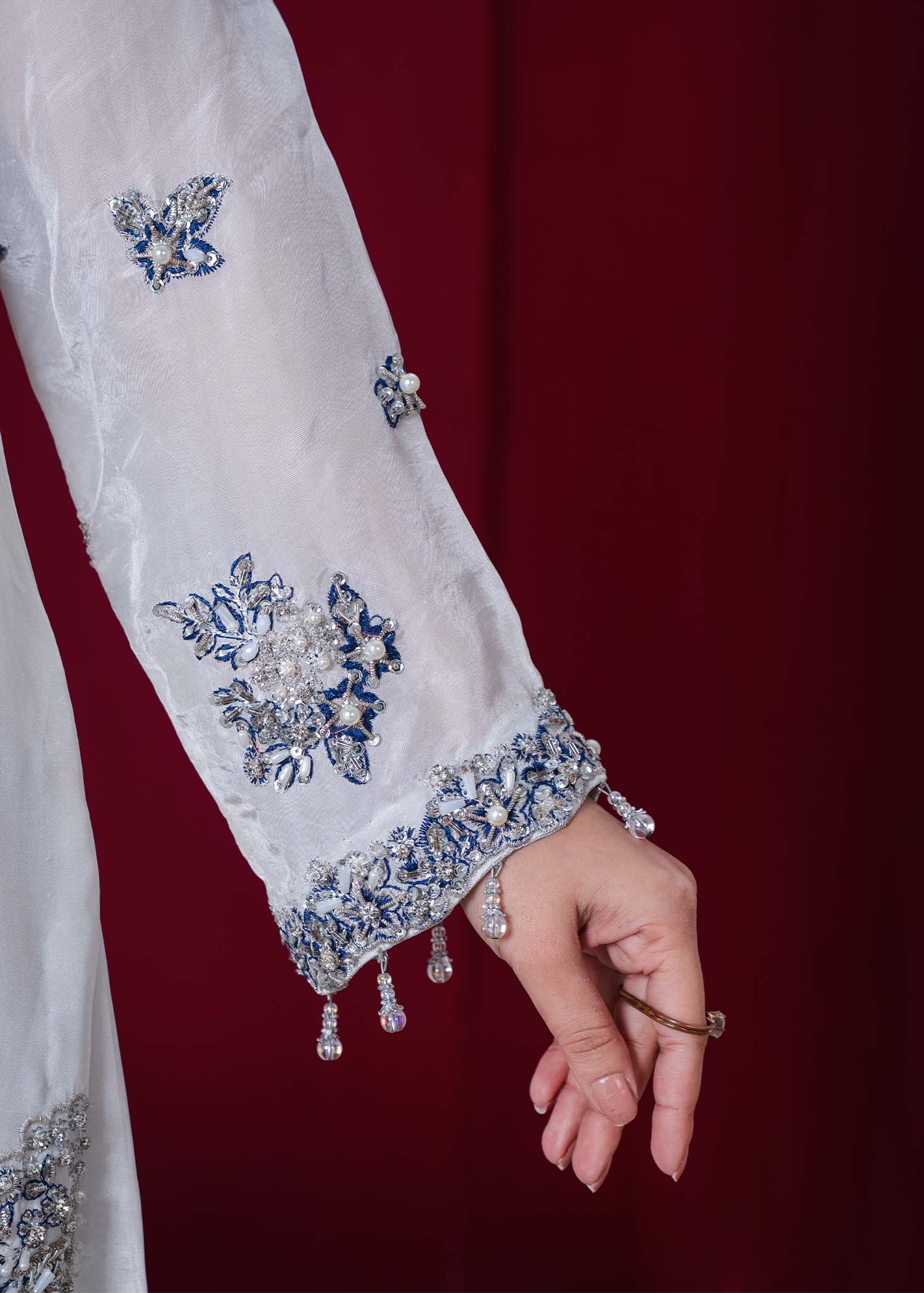 tissue silk Kurta Set in White, sky blue