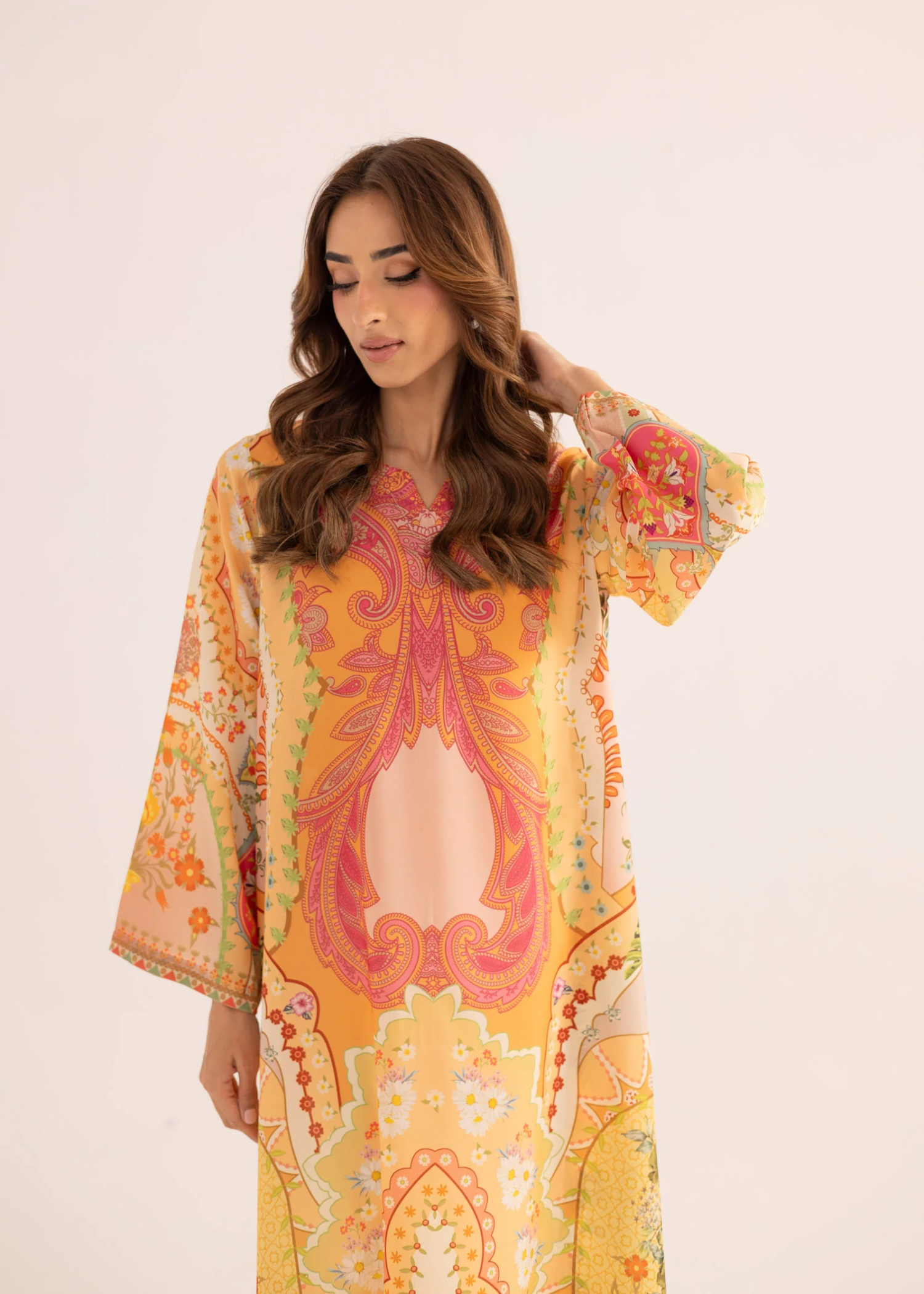 silk finish lawn Kaftan in Honey