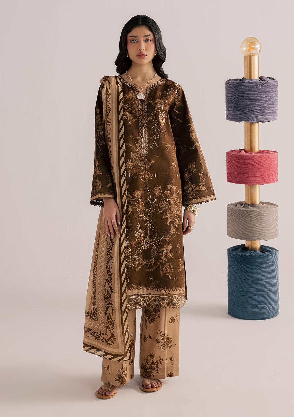 lawn Kurta Set in Dark brown
