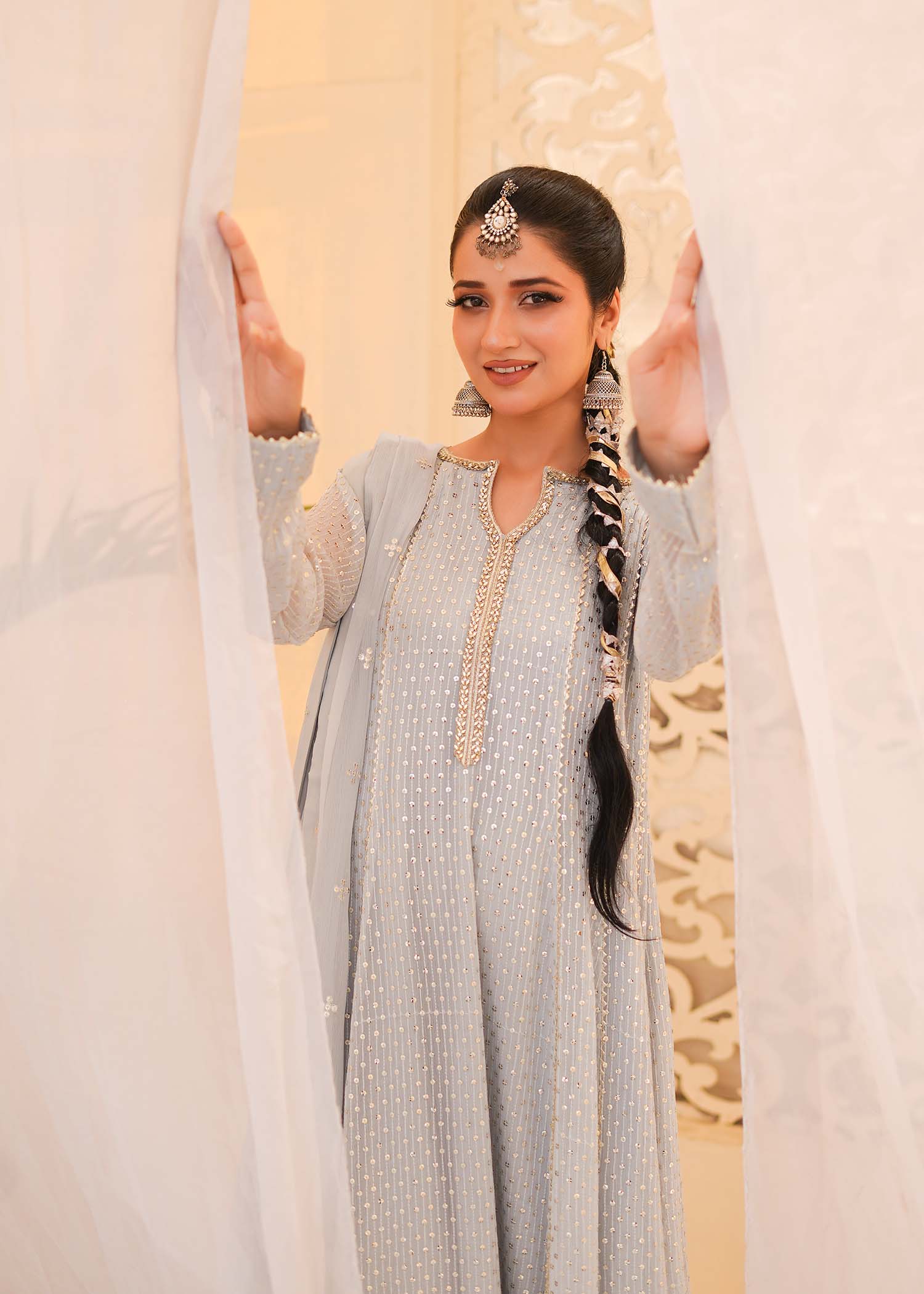 chiffon Anarkali in Ice blue