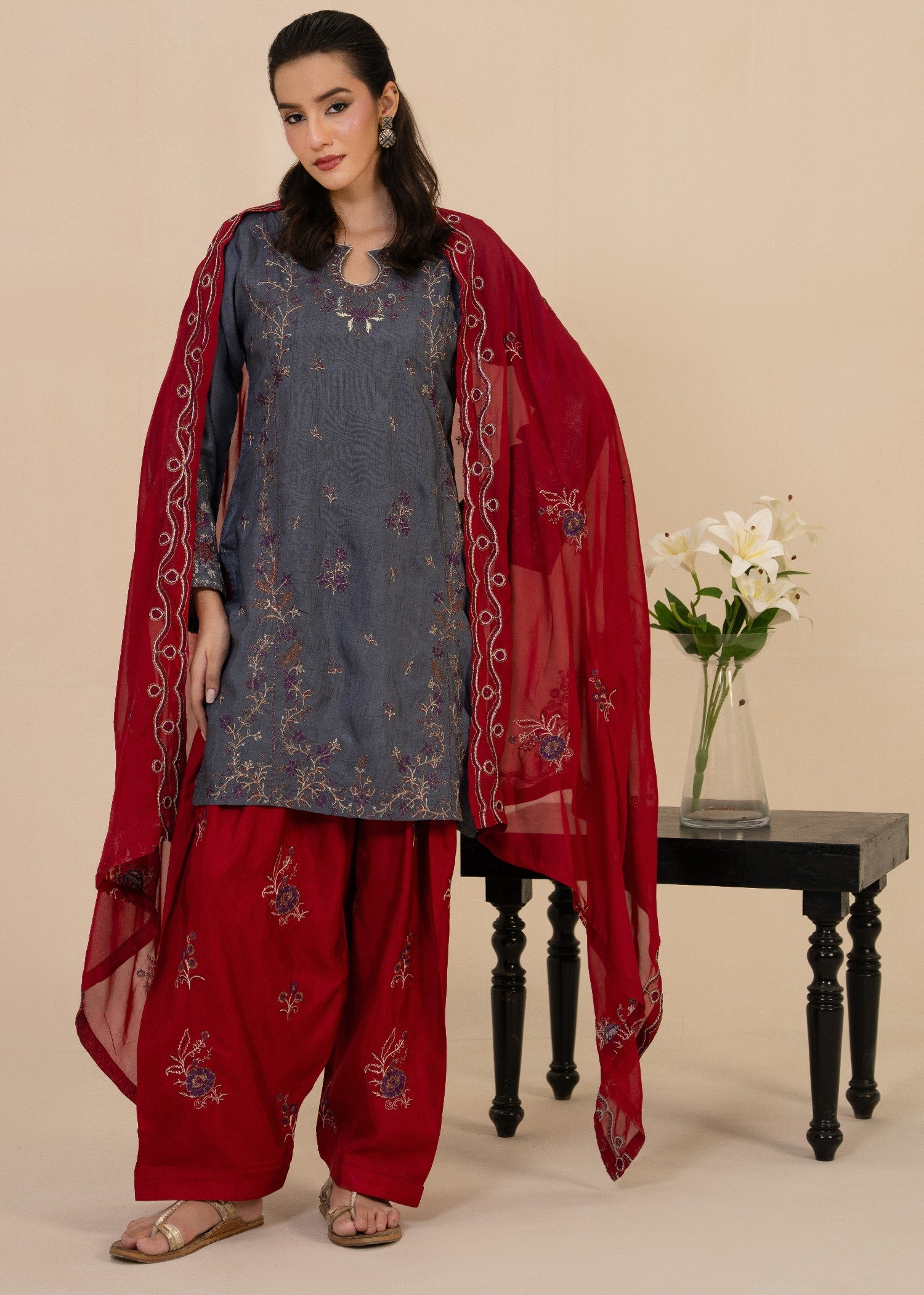 korean raw silk Kurta Set in Steal grey