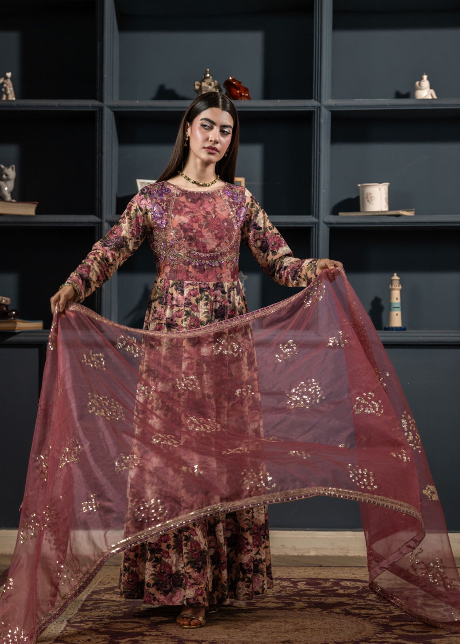 raw silk Pishwas in Peach orange