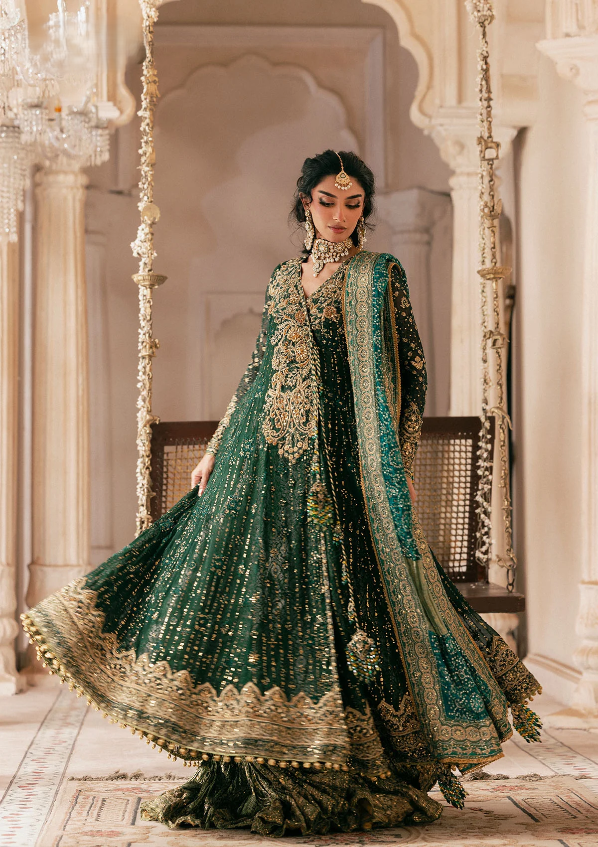 medium silk Angrakha in Bottle green