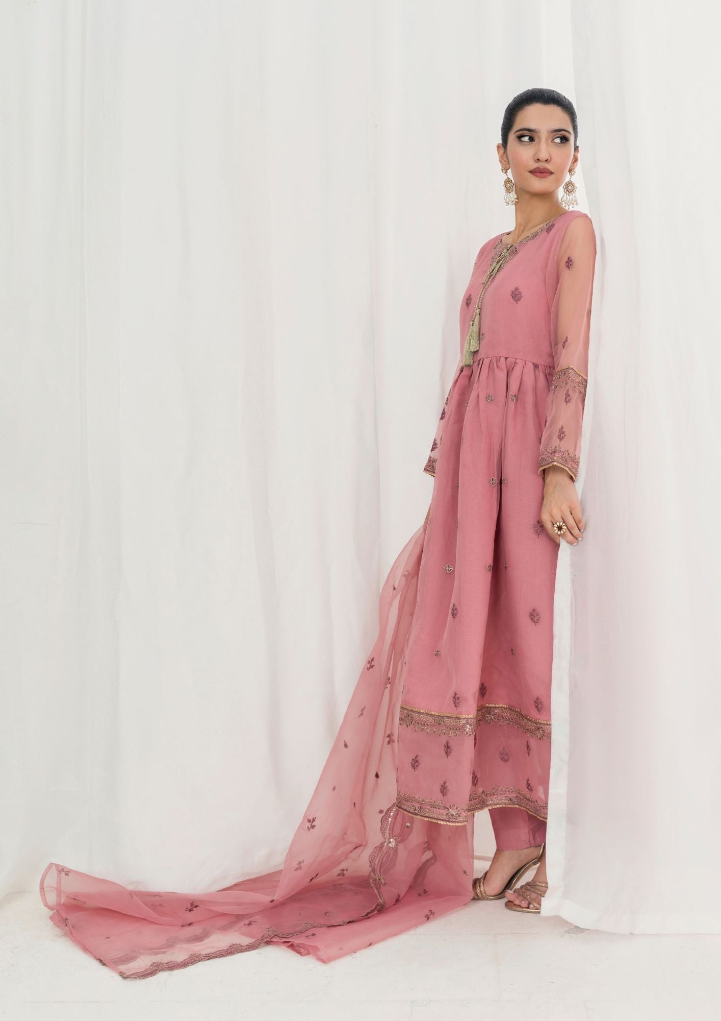 organza Pishwas in Tea rose pink