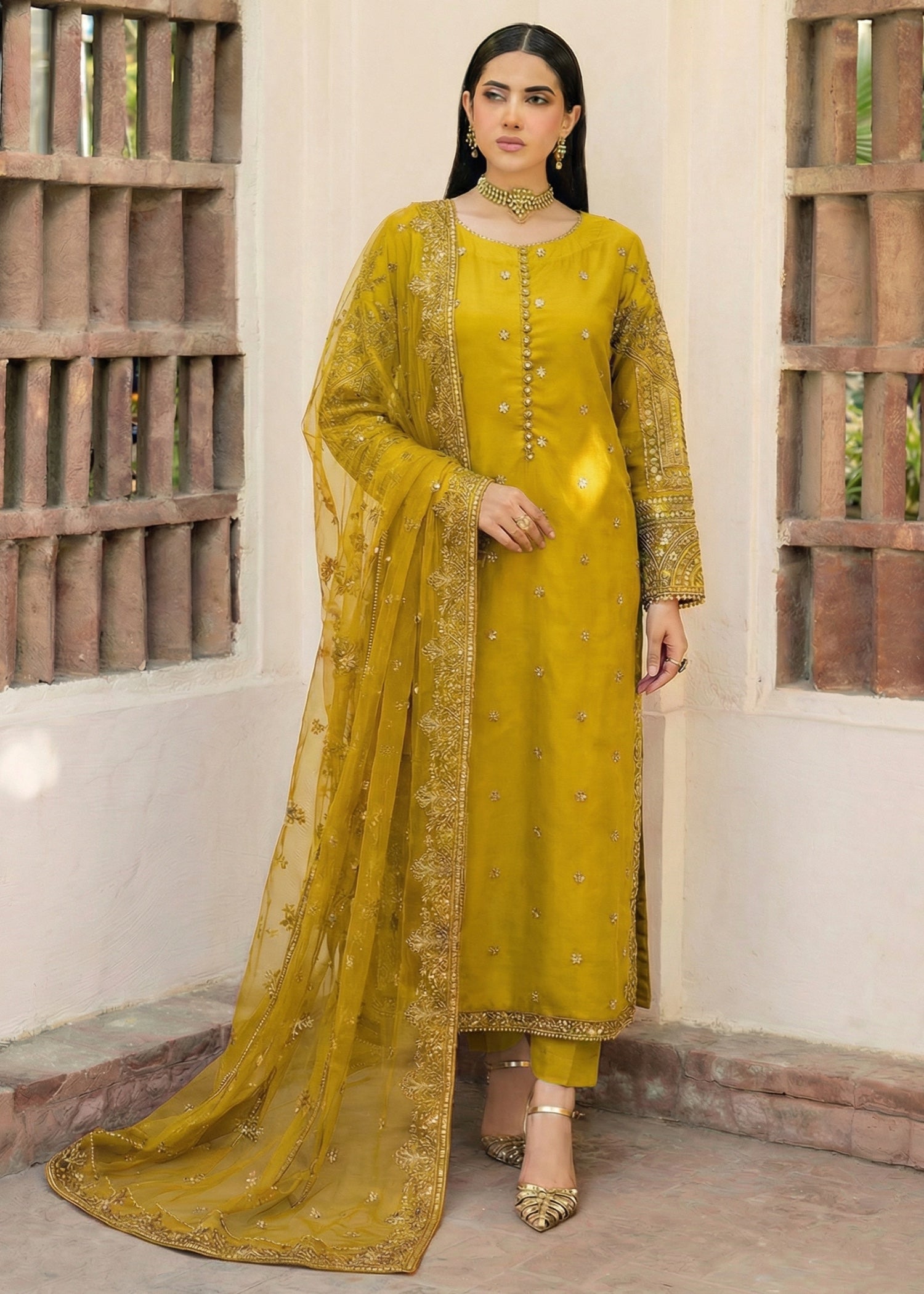 chiffon Kurta Set in Yellow green