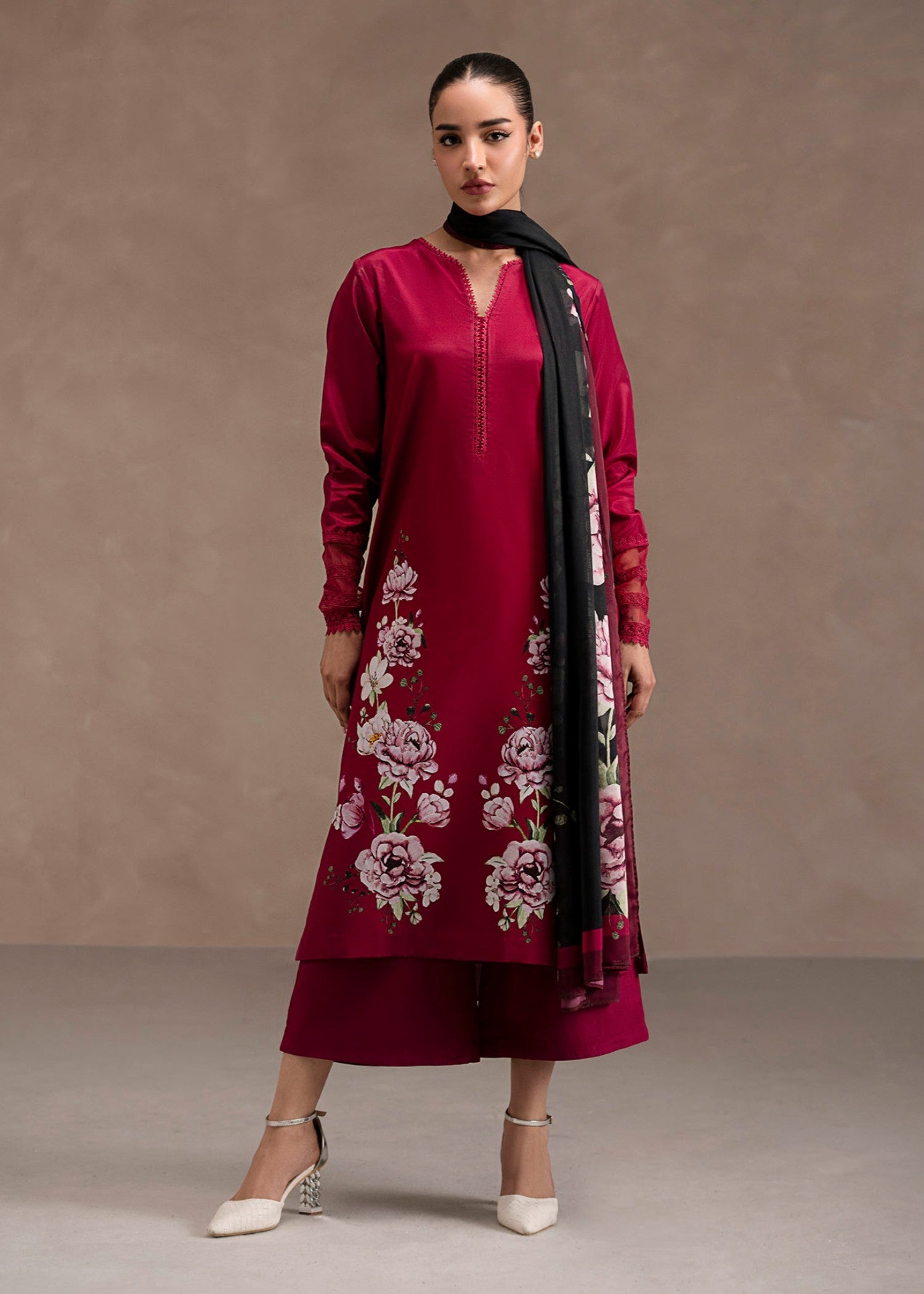 poly lawn Kurta Set in Hot pink
