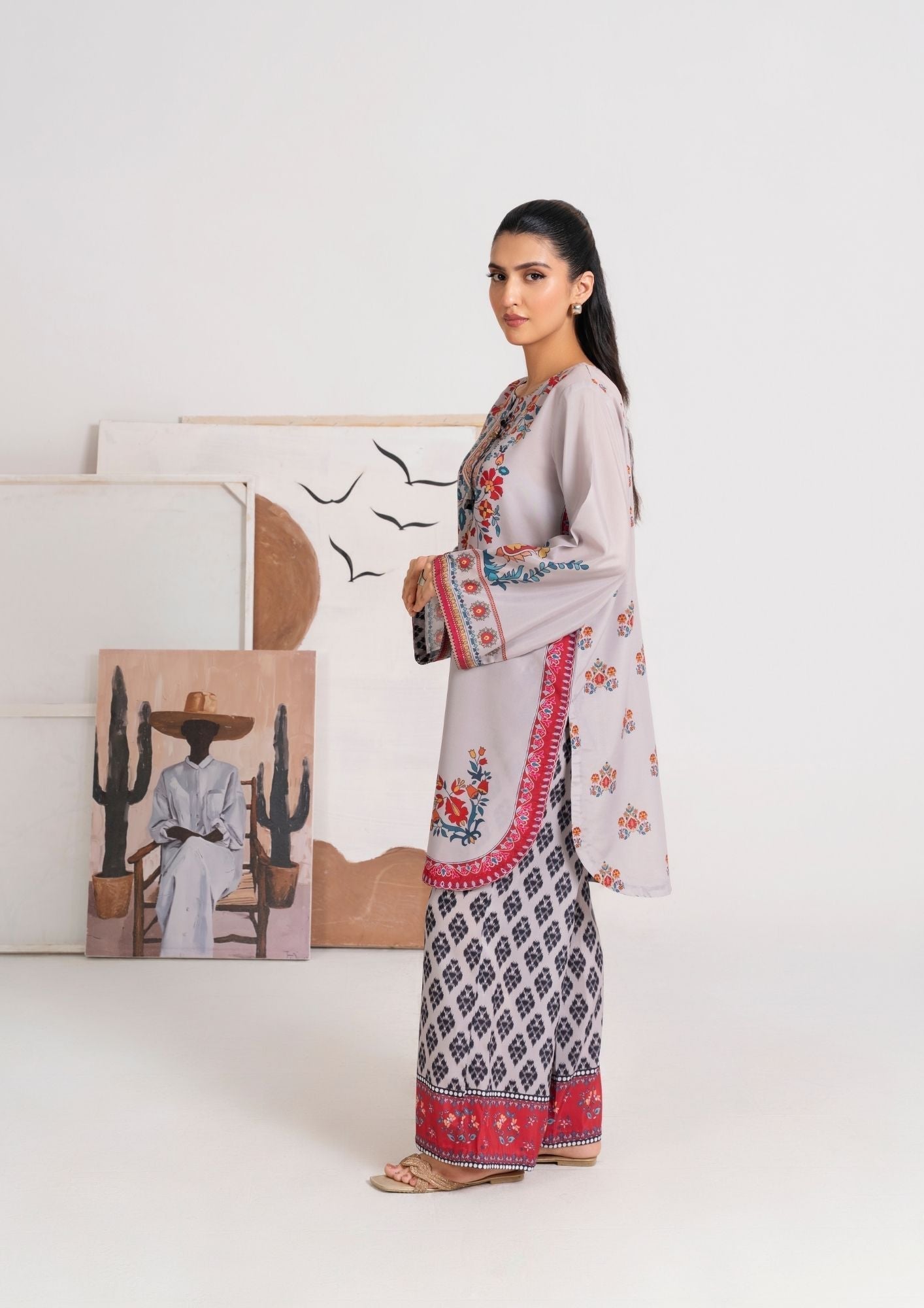 swiss cotton Kurta Set in Grey