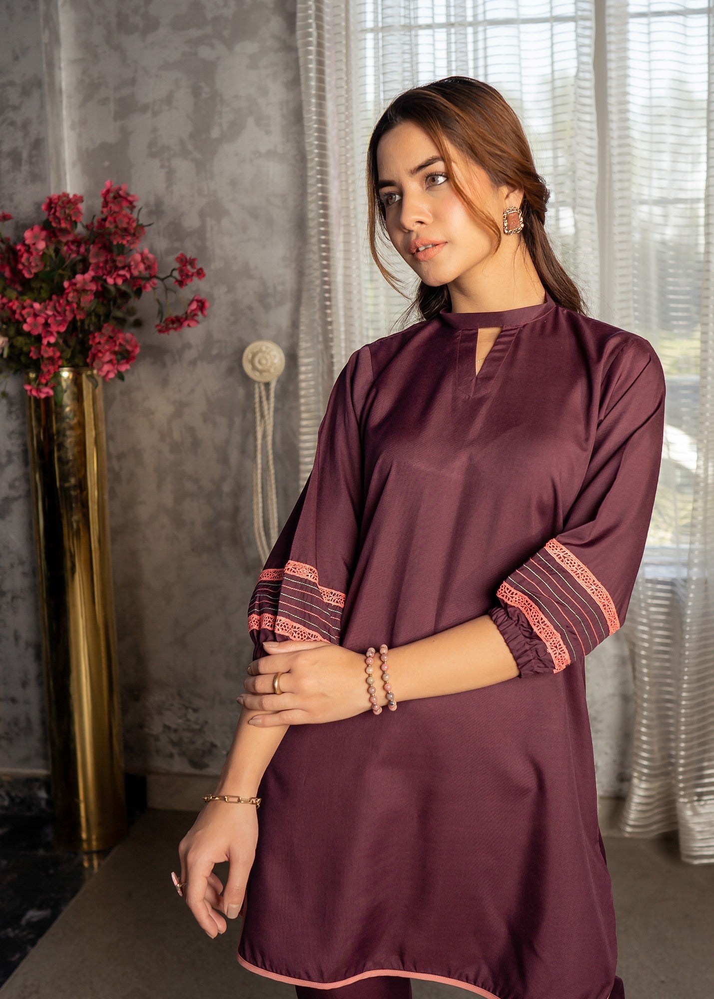 blended satin Co Ord Sets in Burgundy
