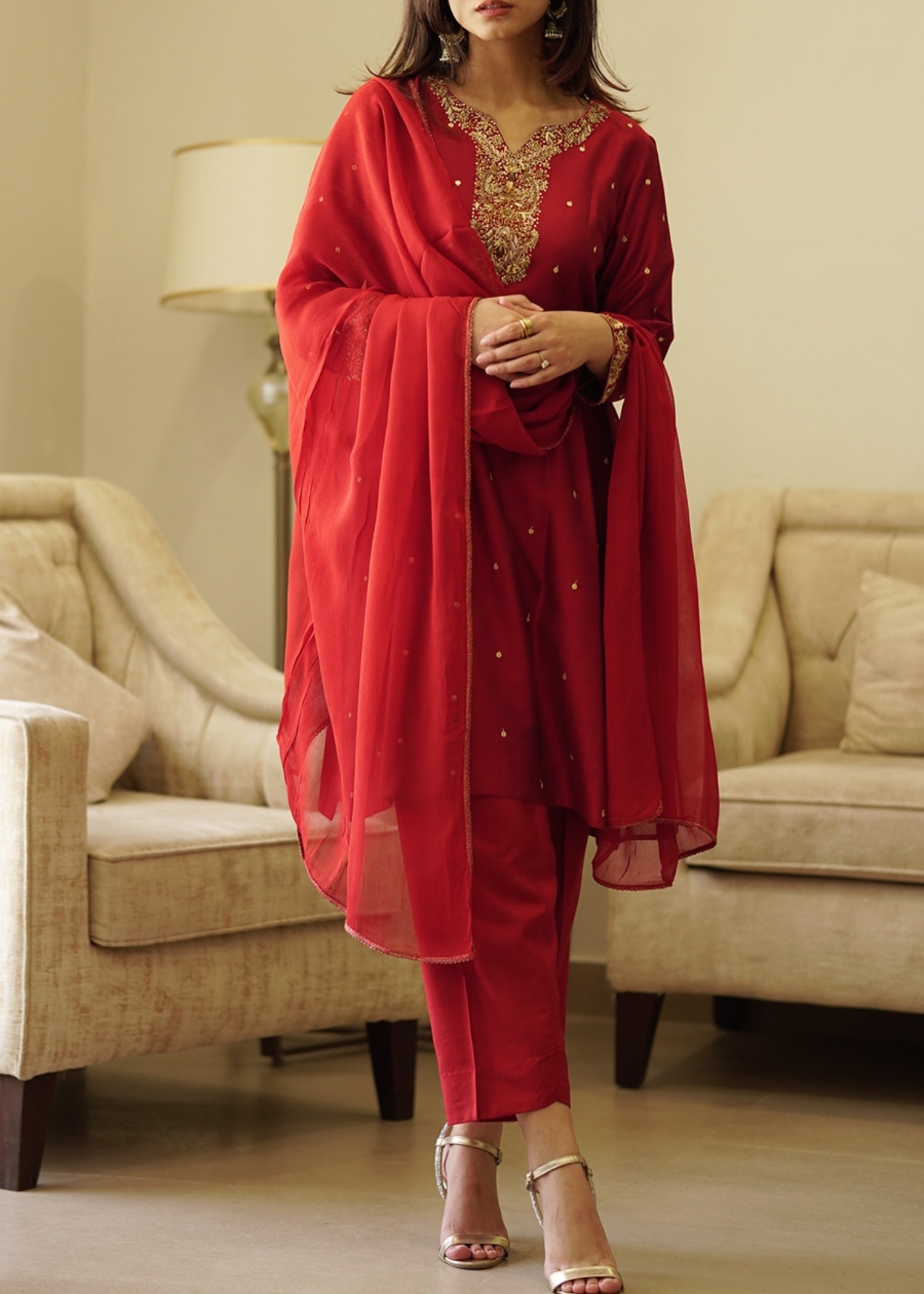 khaddi silk Kurta Set in Blood red