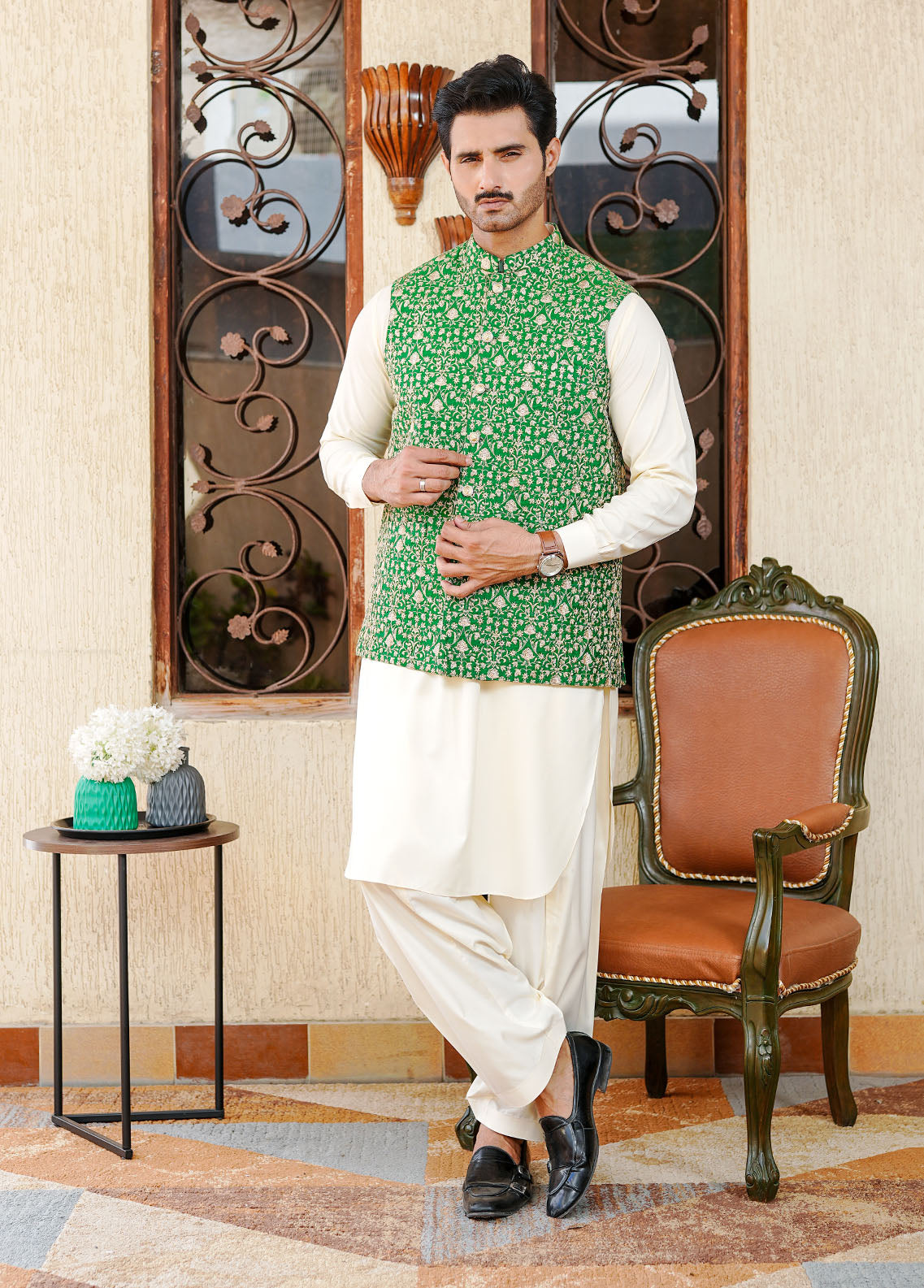 banarasi jamawar Waistcoat in Lime green