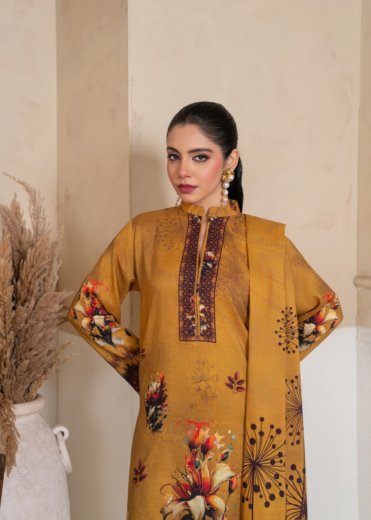 viscose linen Kurta Set in Yellow-orange