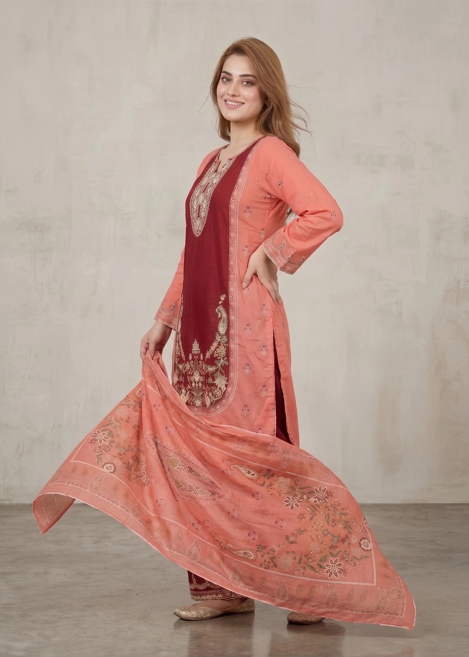 cotton linen Kurta Set in Maroon, taffy pink