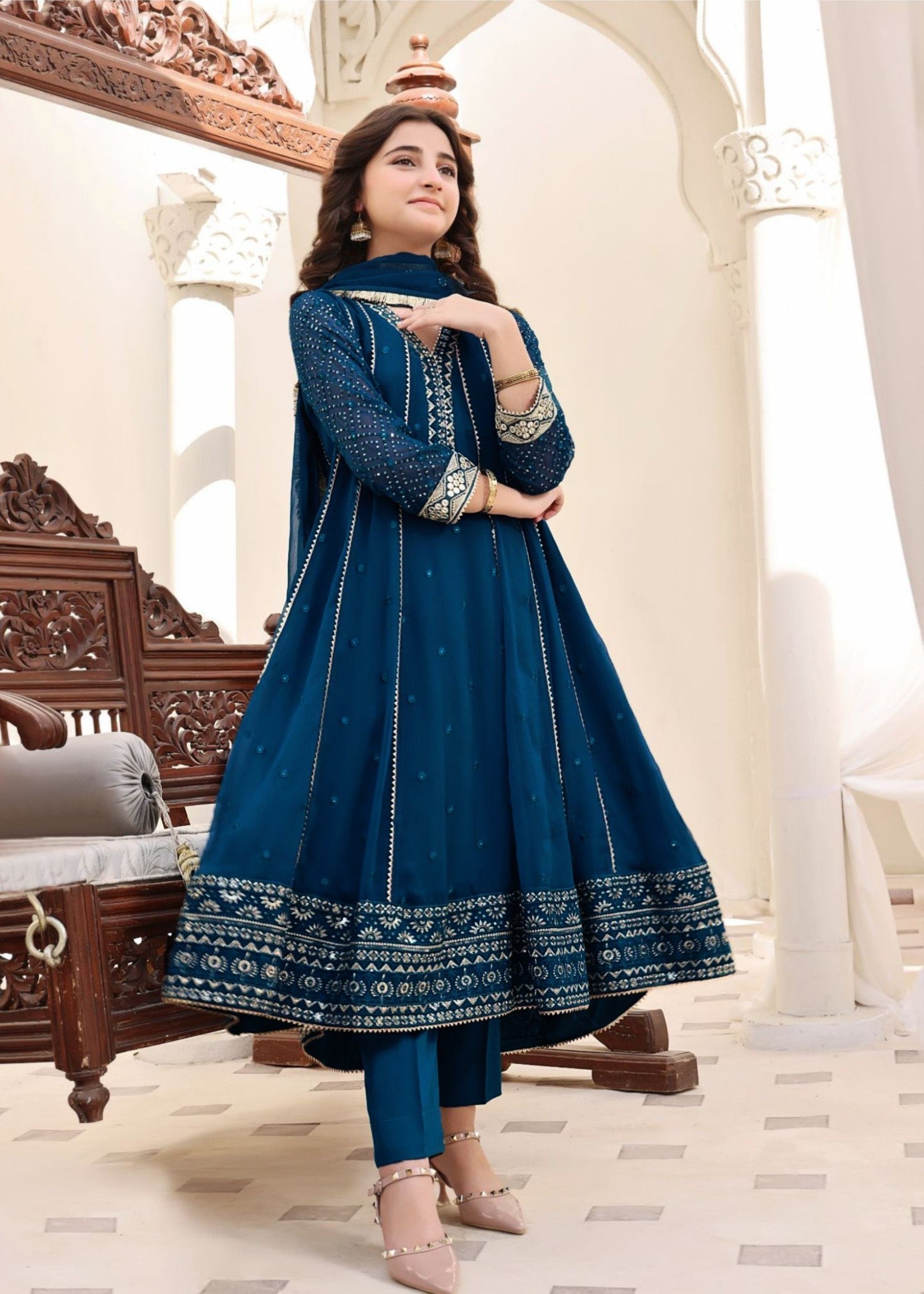 chiffon Pishwas in Teal
