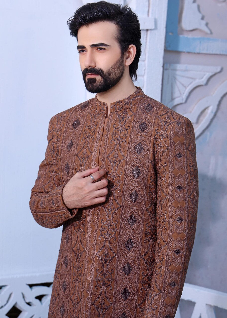 raw silk Sherwani in Brown