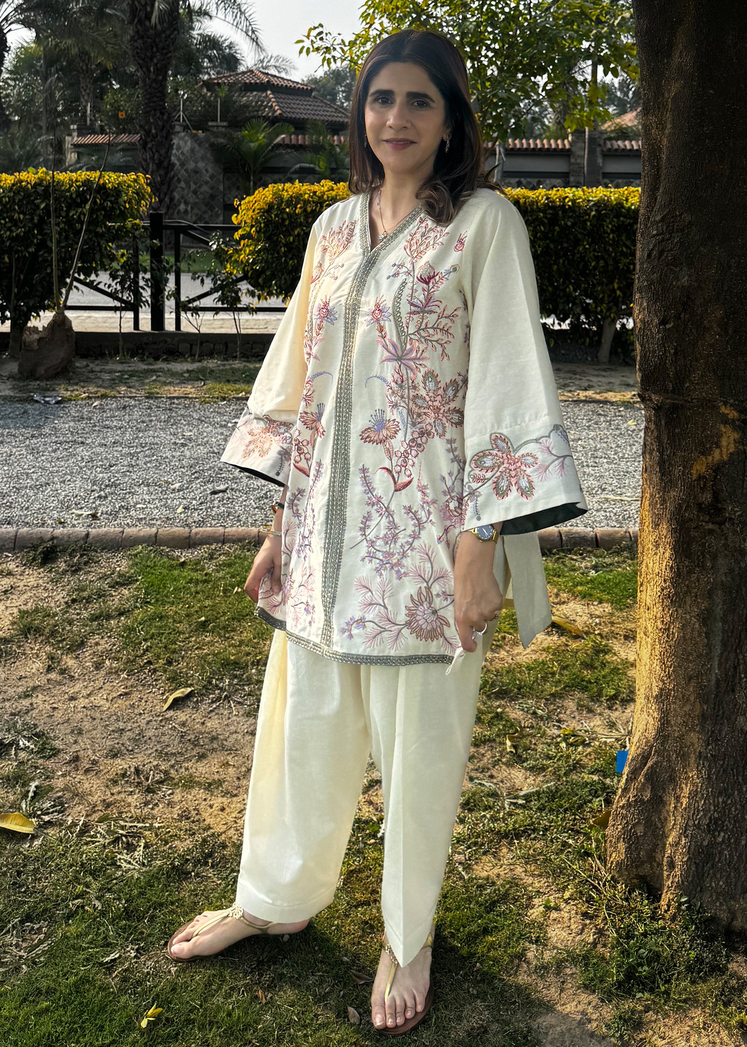 cotton karandi Kurta Set in Off-white
