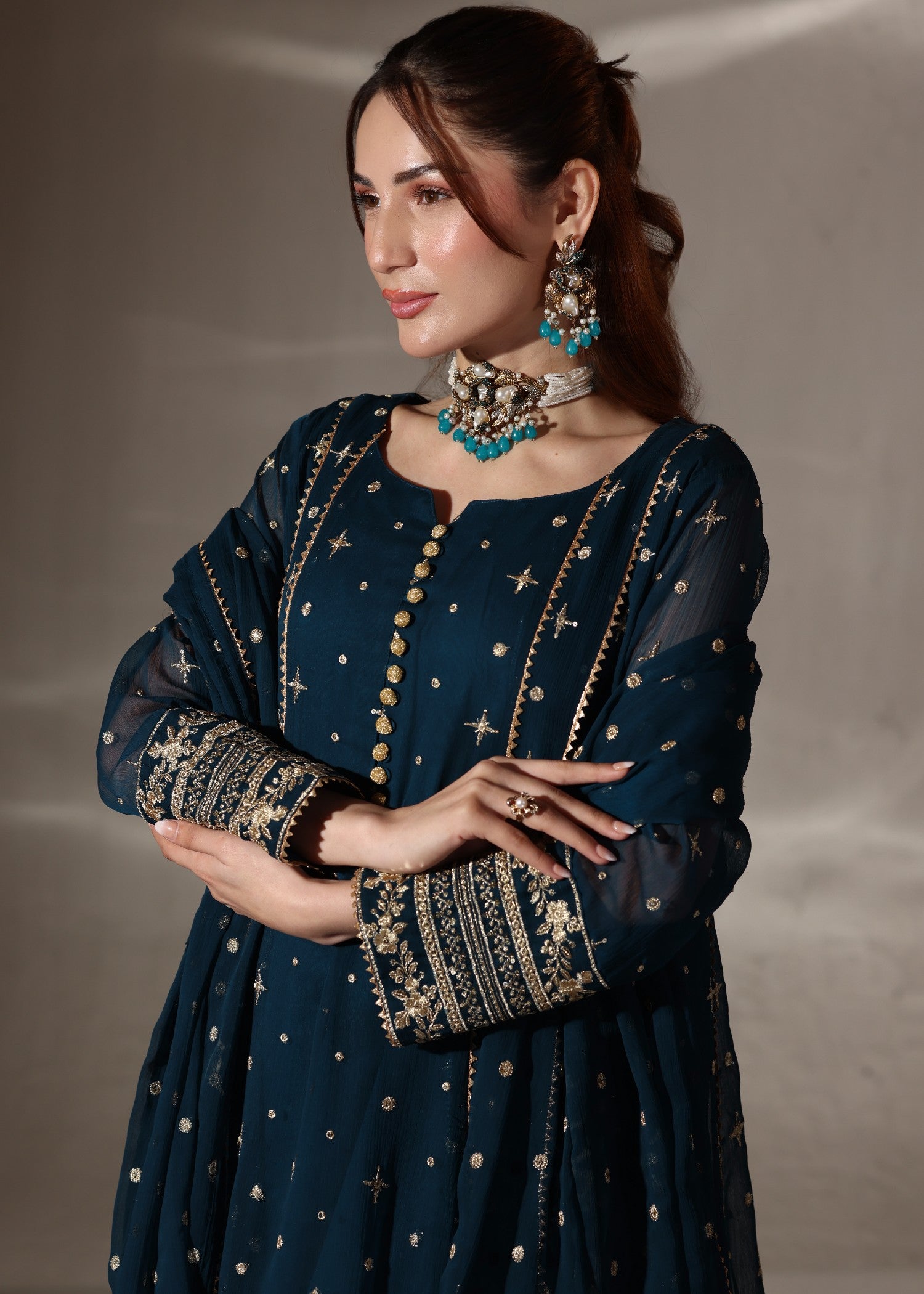 chiffon Pishwas in Teal