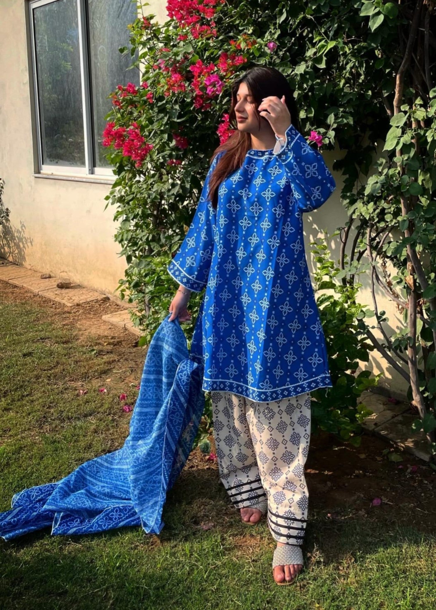 poly lawn Short Frock in Blue