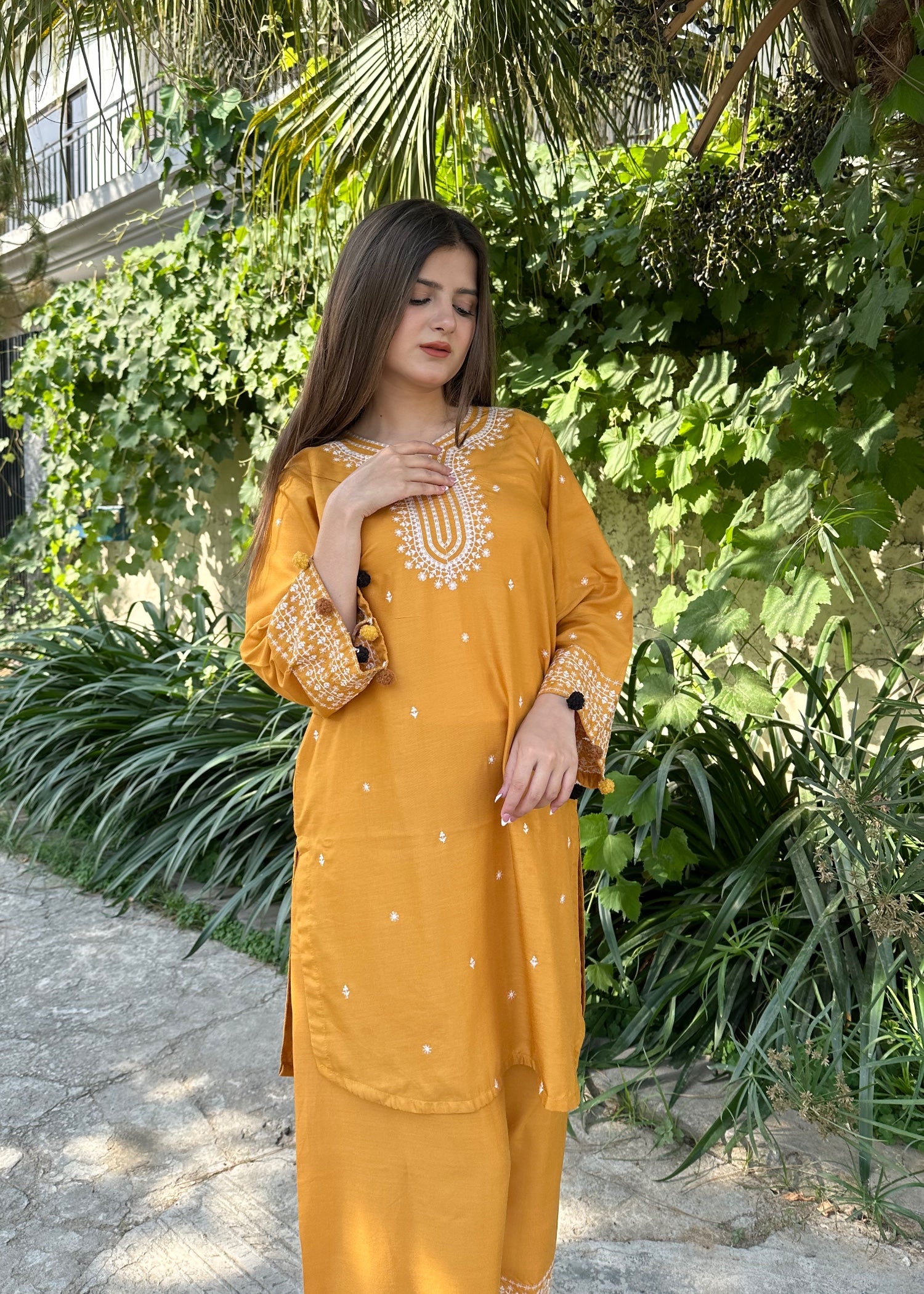 arabic lawn Kurta Set in Mustard
