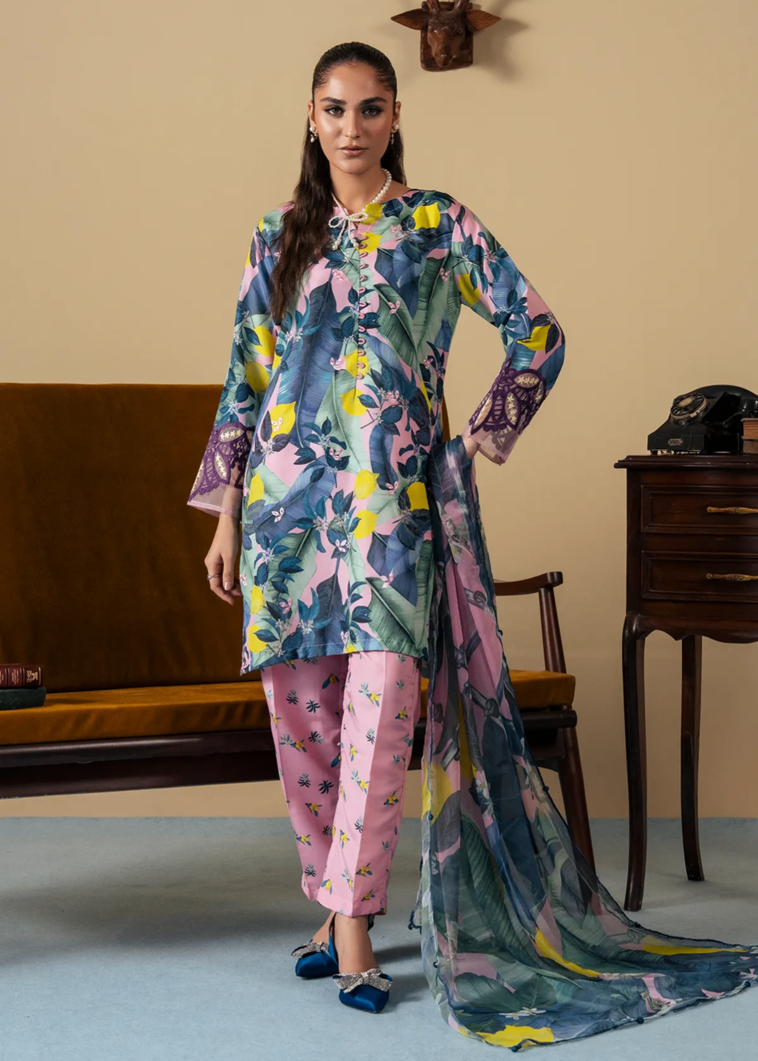 silk Kurta Set in Blush pink, sapphire blue