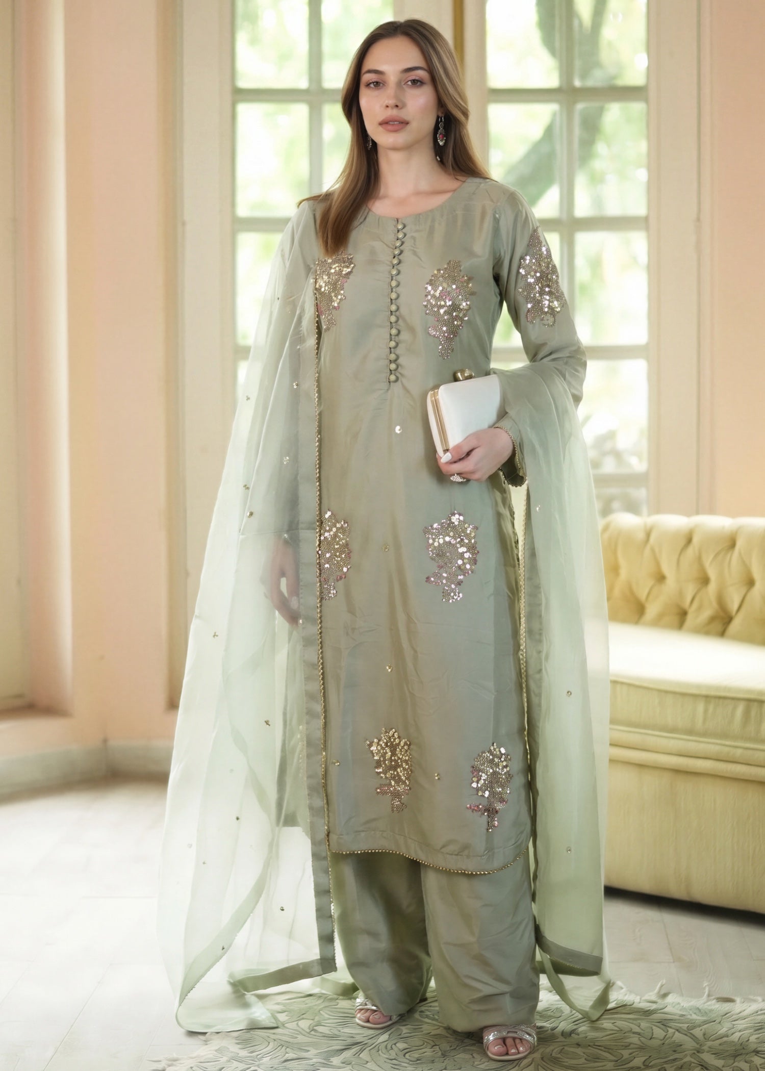 kattan silk Kurta Set in Moss green