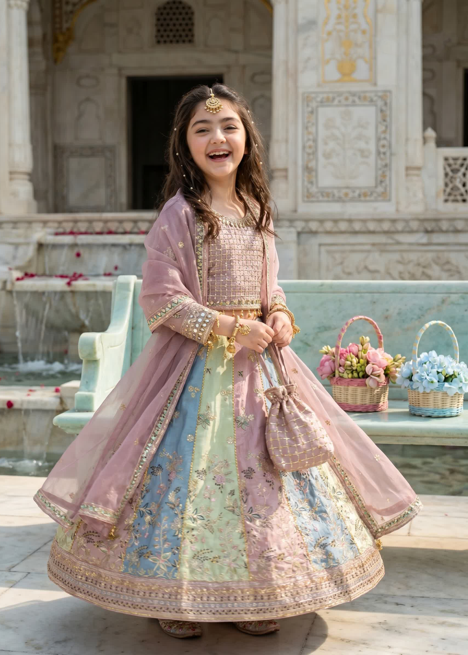 raw silk Lehenga in Mauve pink, multi