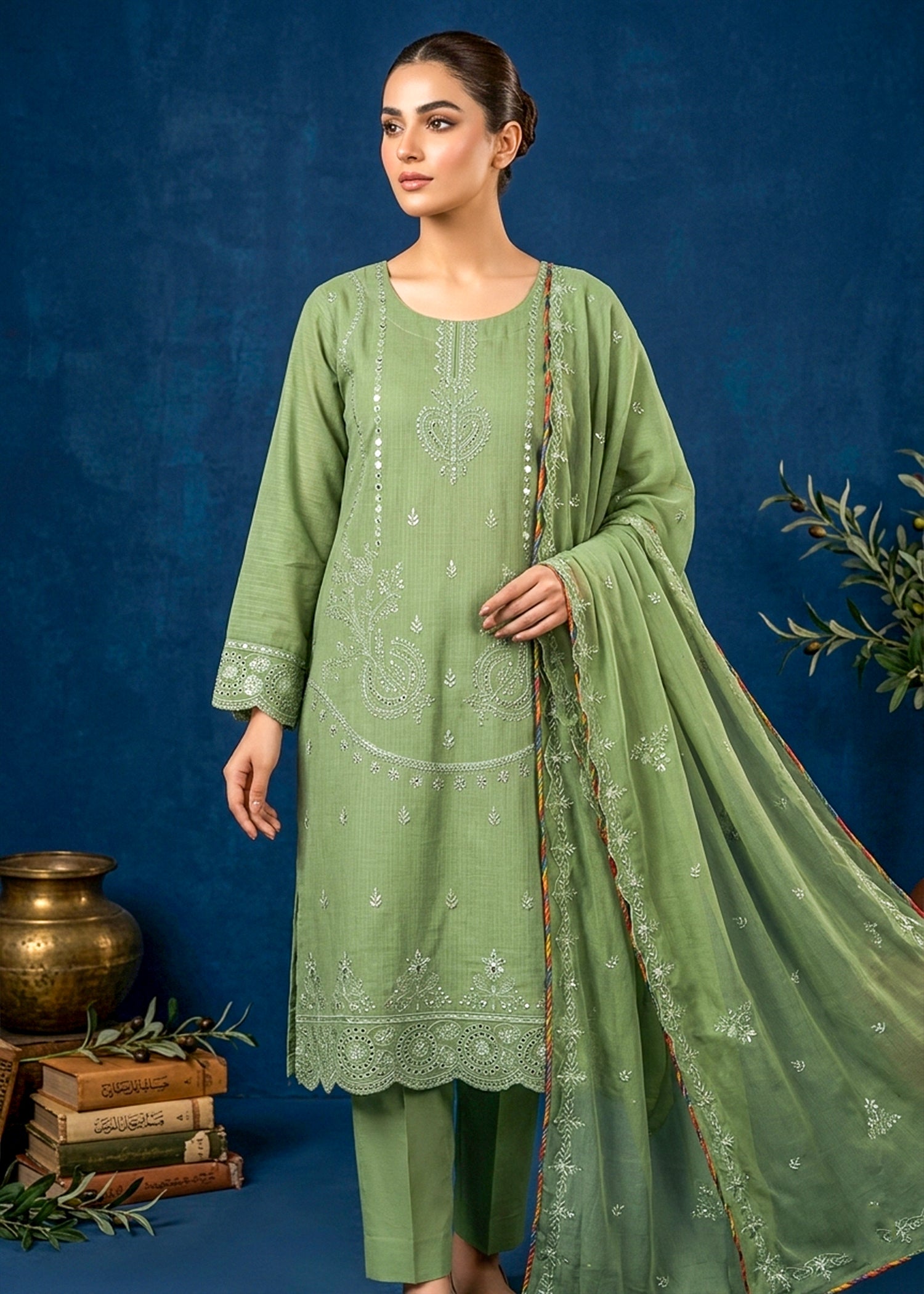 cambric Kurta Set in Sage green