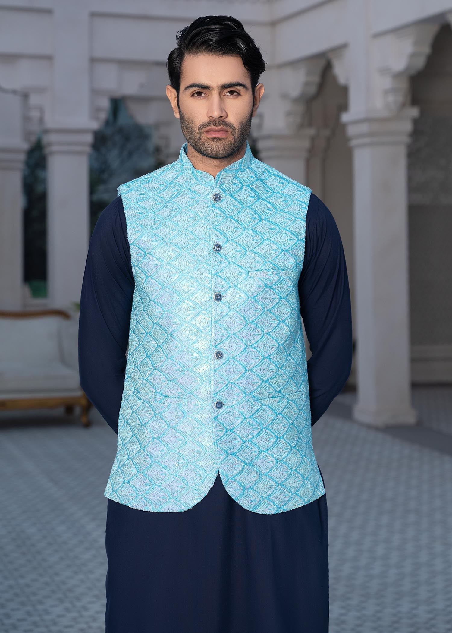 jamawar Waistcoat in Blue lagoon by Safari Club