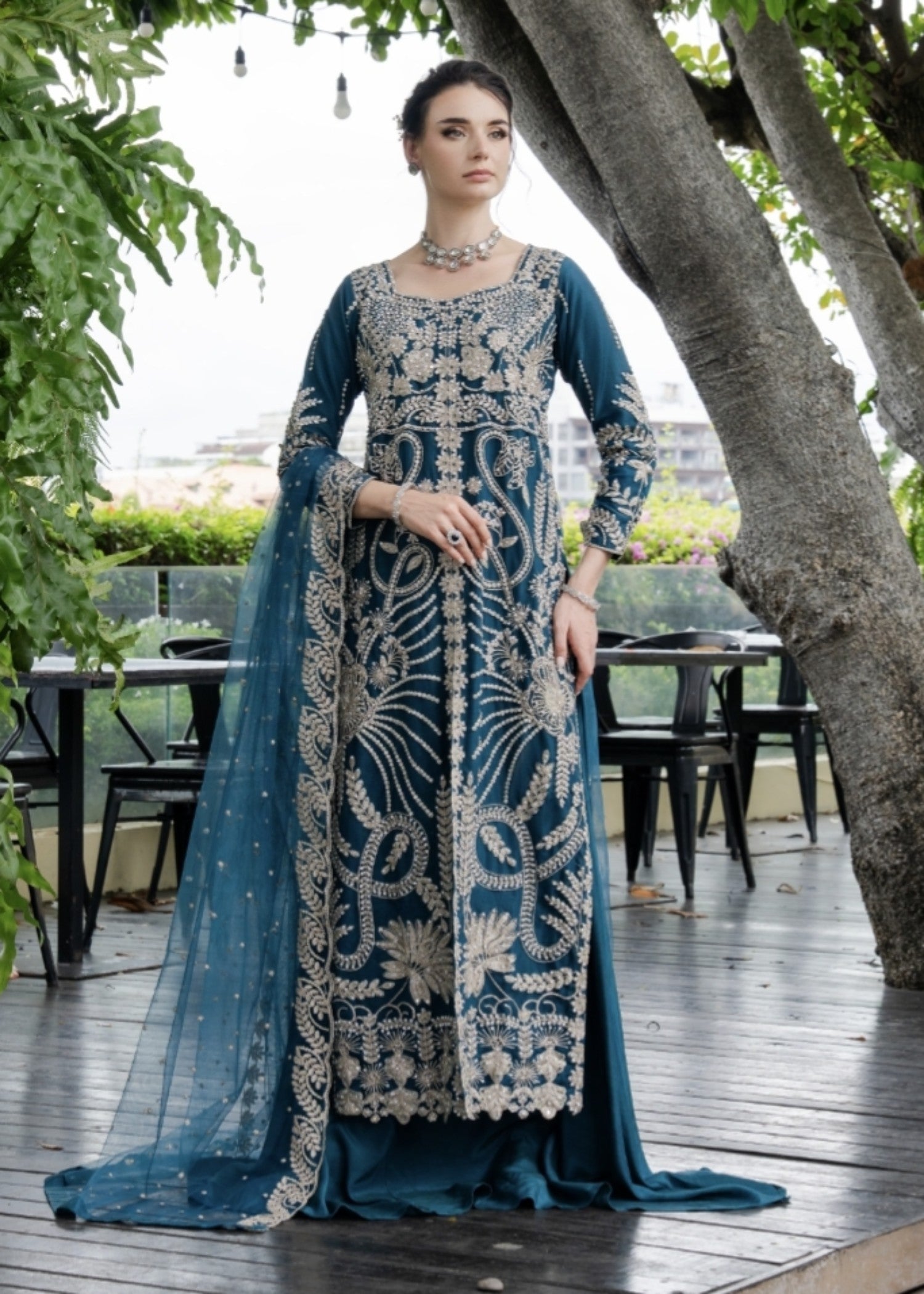 net Lehenga in Teal