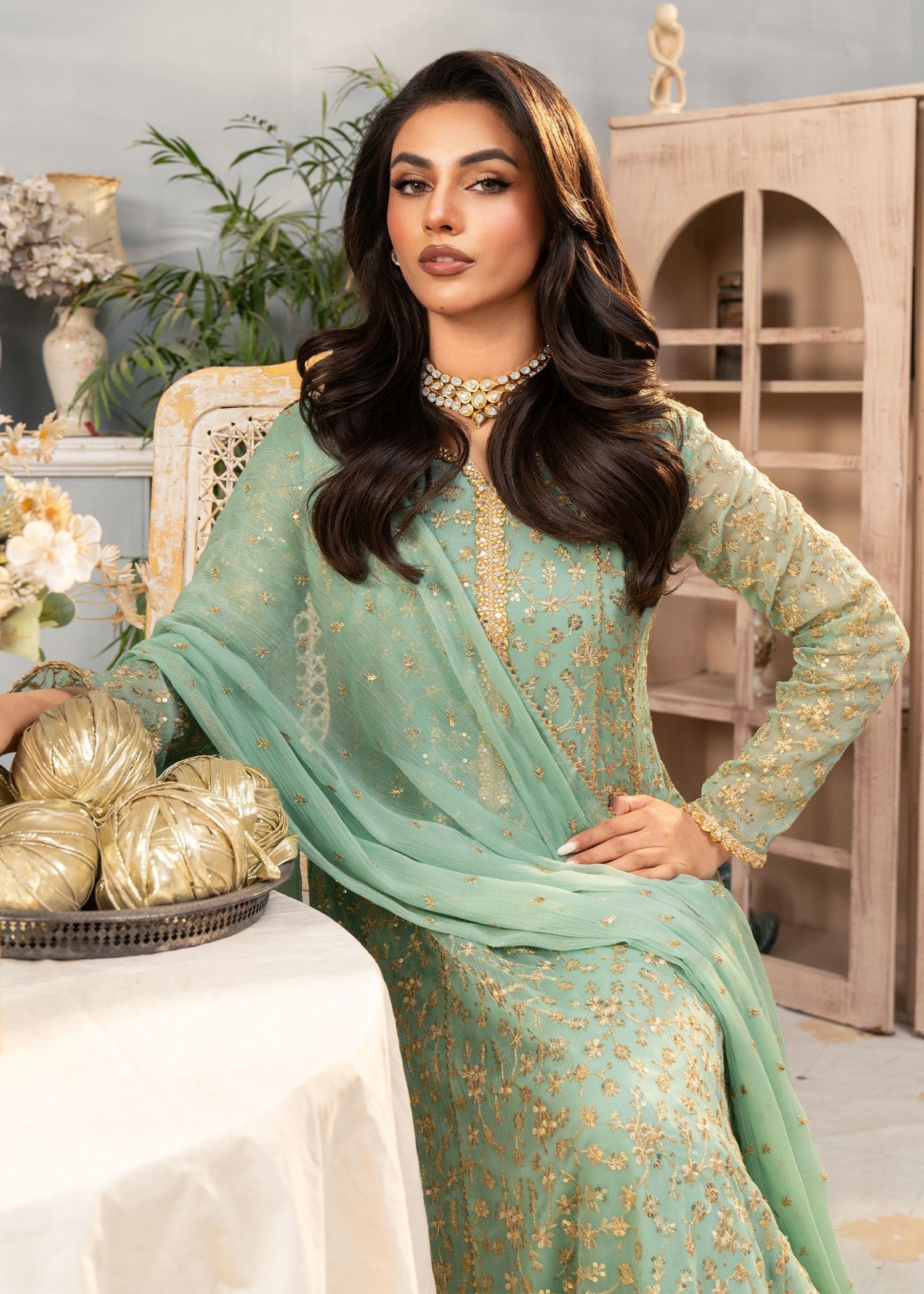 chiffon Pishwas in Pastel green