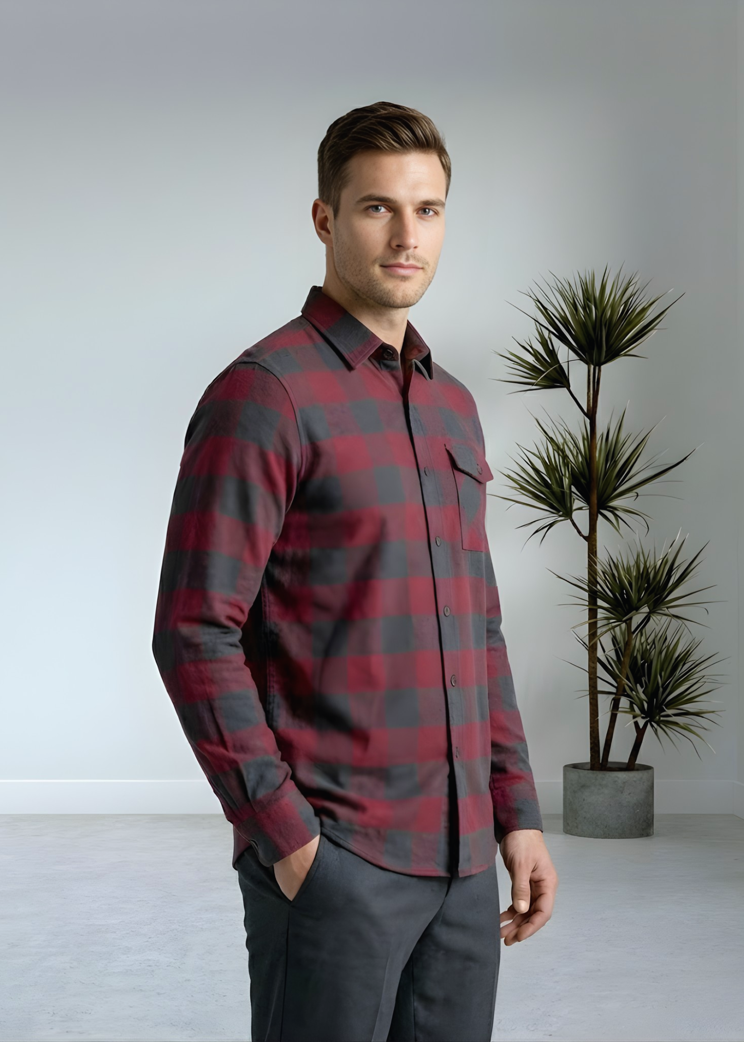 flannel Casual Shirt in Black, red