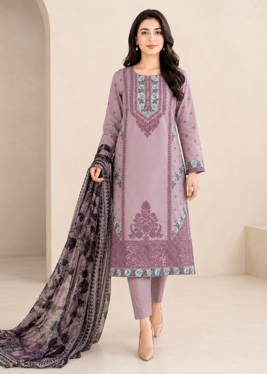 cambric cotton Kurta Set in Mauve