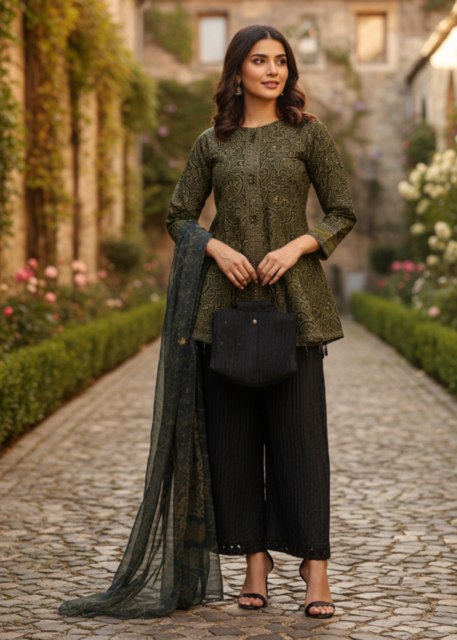 tissue silk Short Frock in Fern green